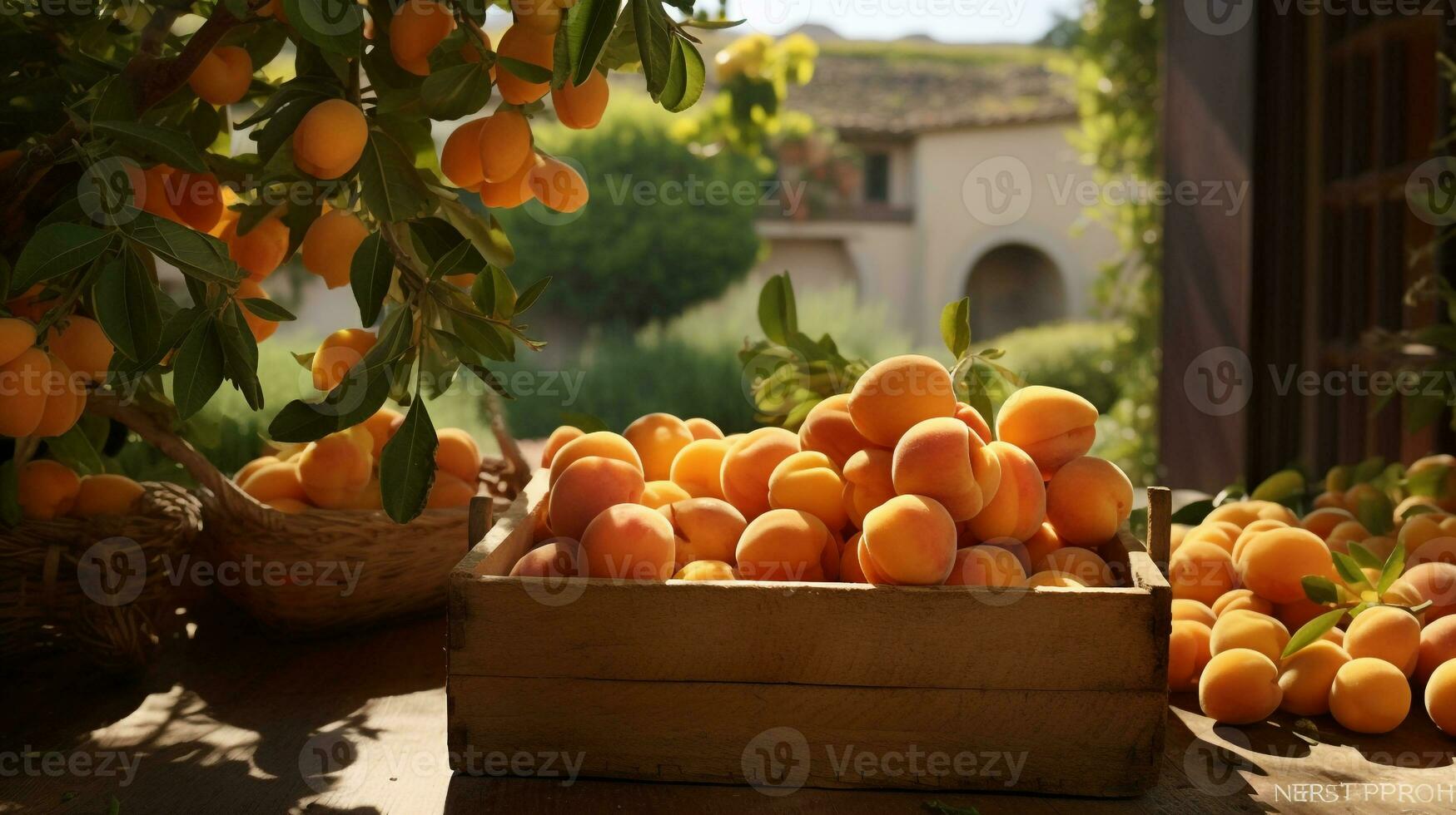 Freshly picked Apricot fruit from garden placed in the boxes. Generative AI photo