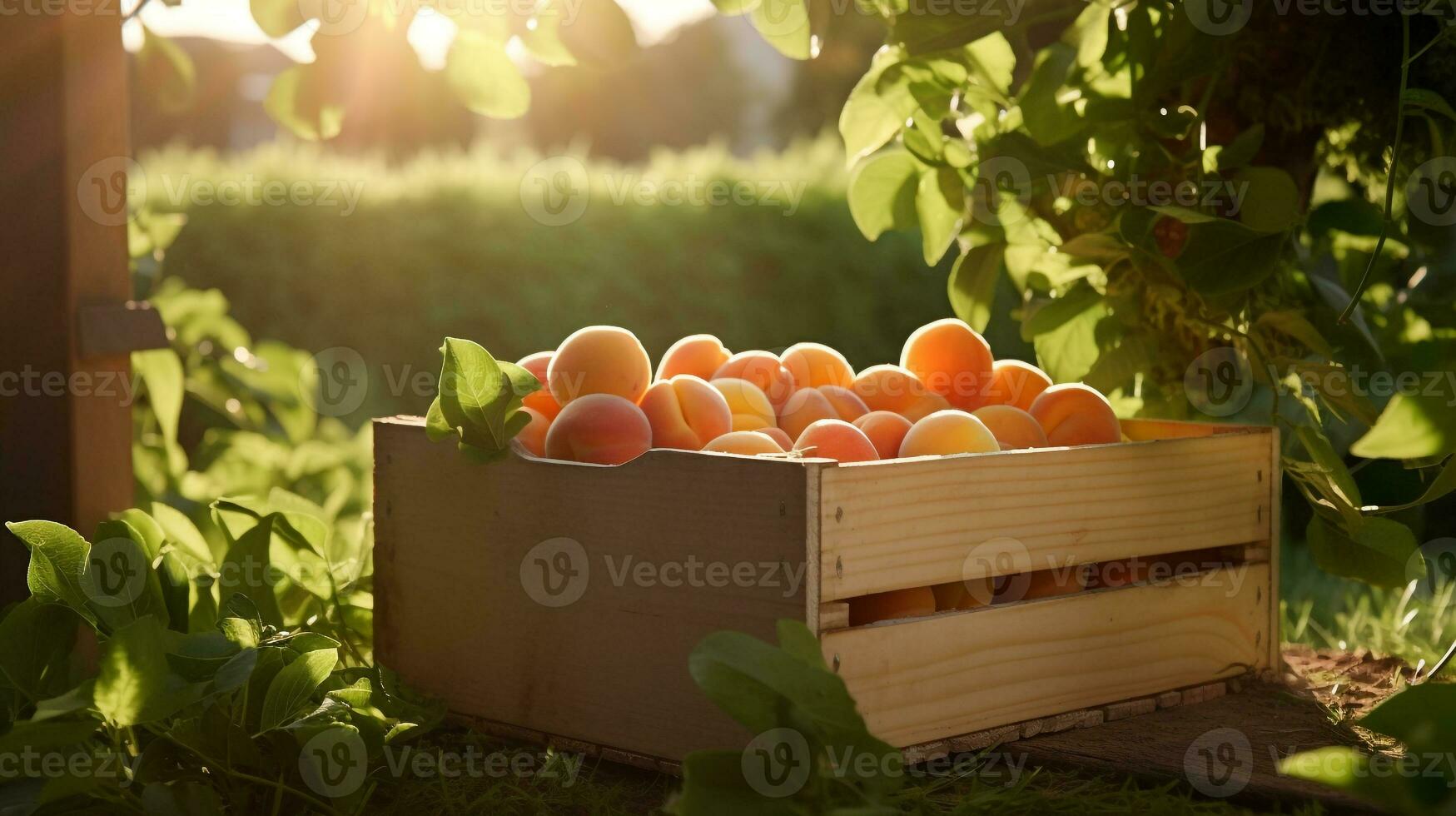 Freshly picked Apricot fruit from garden placed in the boxes. Generative AI photo
