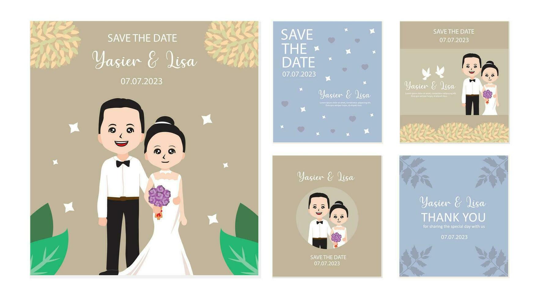 Set of wedding invitation cards with cute cartoon bride and groom. Vector illustration