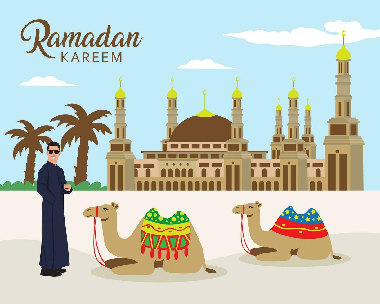 Ramadan Kareem greeting card. Muslim man with camel and mosque in background. Vector illustration