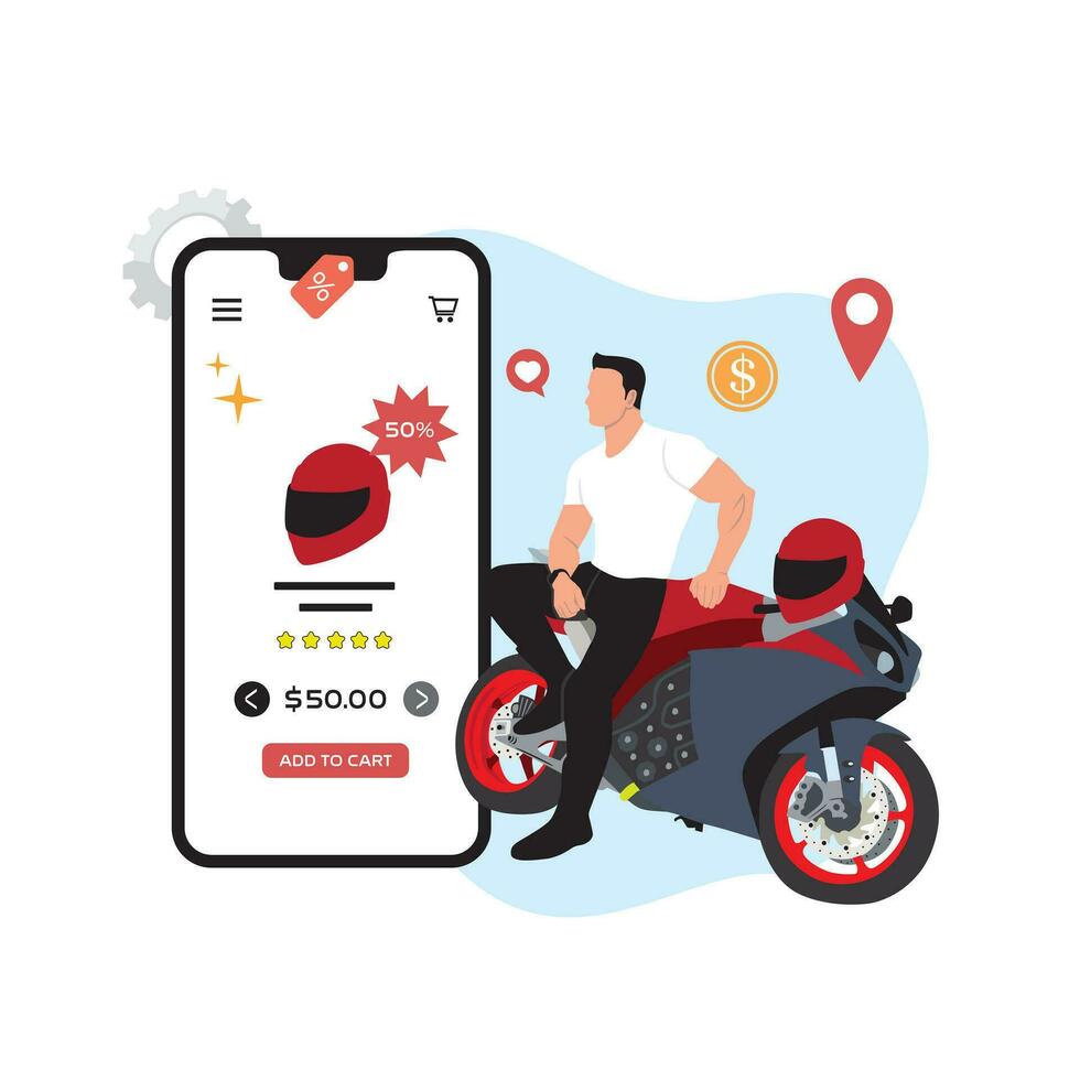 Biker with a motorcycle. Mobile application. Vector illustration in flat style