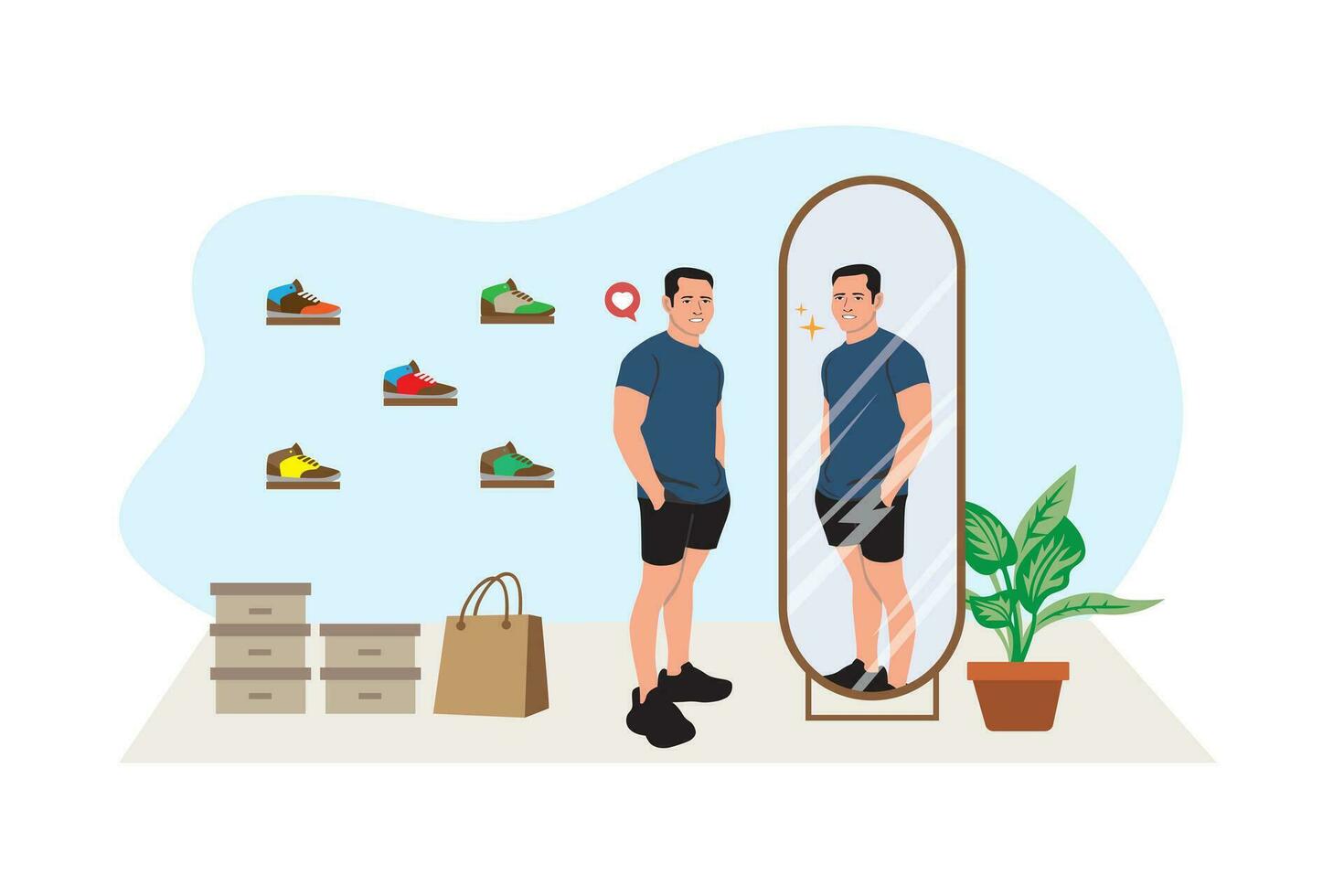 Vector illustration of a man looking at himself in the mirror. Flat style.