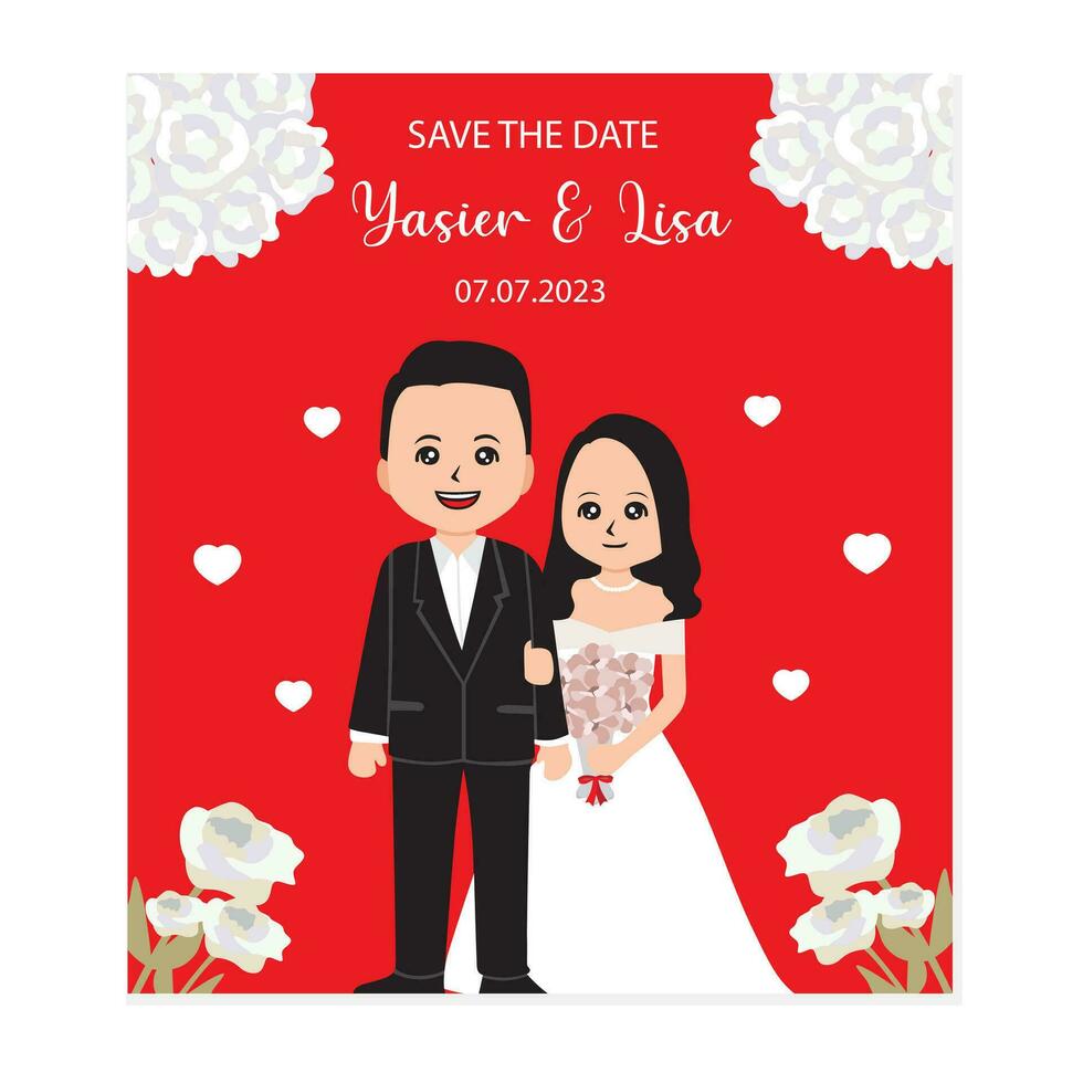 Wedding invitation card with bride and groom, vector illustration.