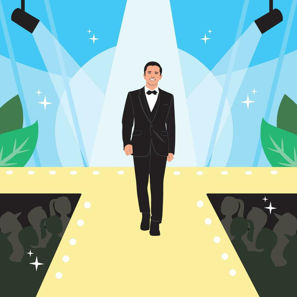 Fashion Men Show with Catwalk Male Models Display Clothes on Runway in a tuxedo on Flat Cartoon Hand Drawn Templates Illustration vector