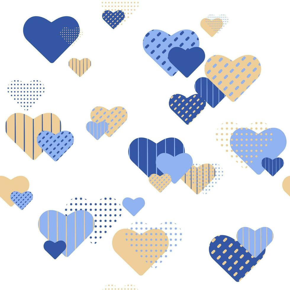 Vector seamless pattern set of hearts in yellow-blue tones. Chaotic arrangement of testurated hearts. Pattern for Valentine's Day, romance and declaration of love