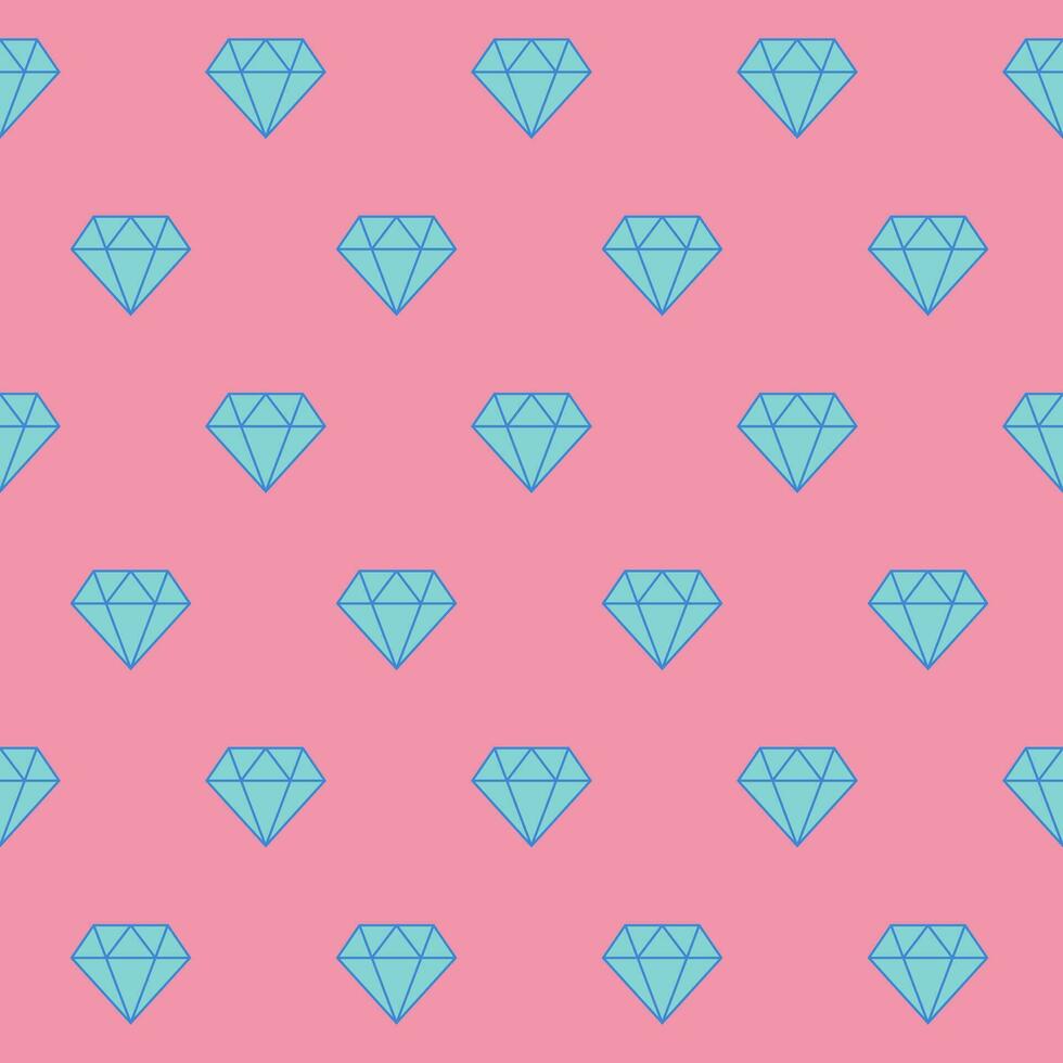 Seamless pattern with blue crystals on a pink background. Flat illustration. Diamond or crystal symbol. Vector illustration