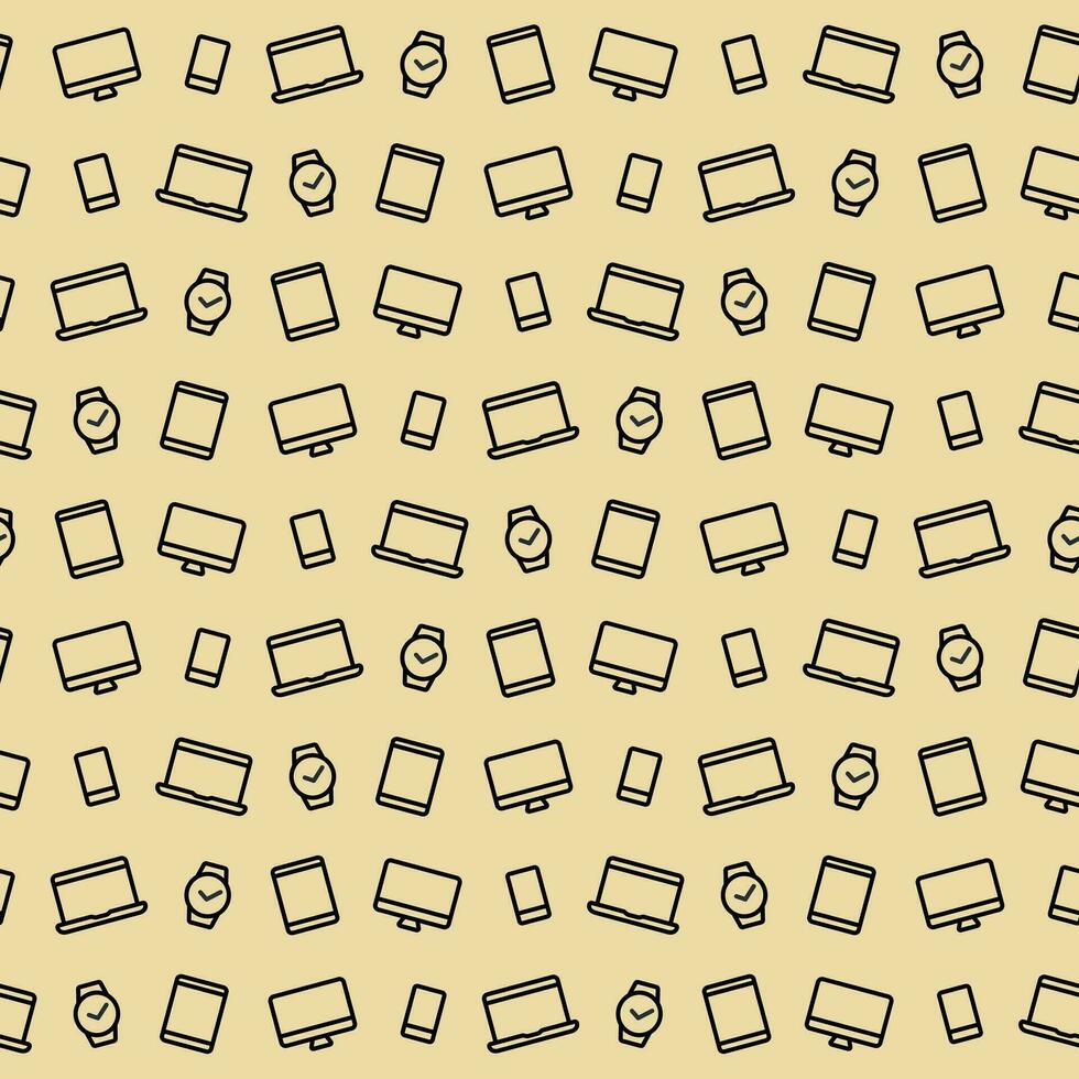 Seamless vector pattern technique on a beige background. Contour icons of laptop, monitor, phone, smart watch.