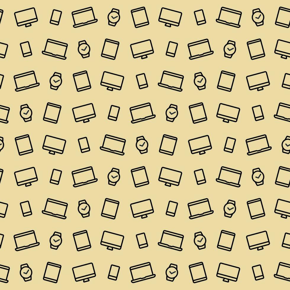 Seamless vector pattern technique on a beige background. Contour icons of laptop, monitor, phone, smart watch.