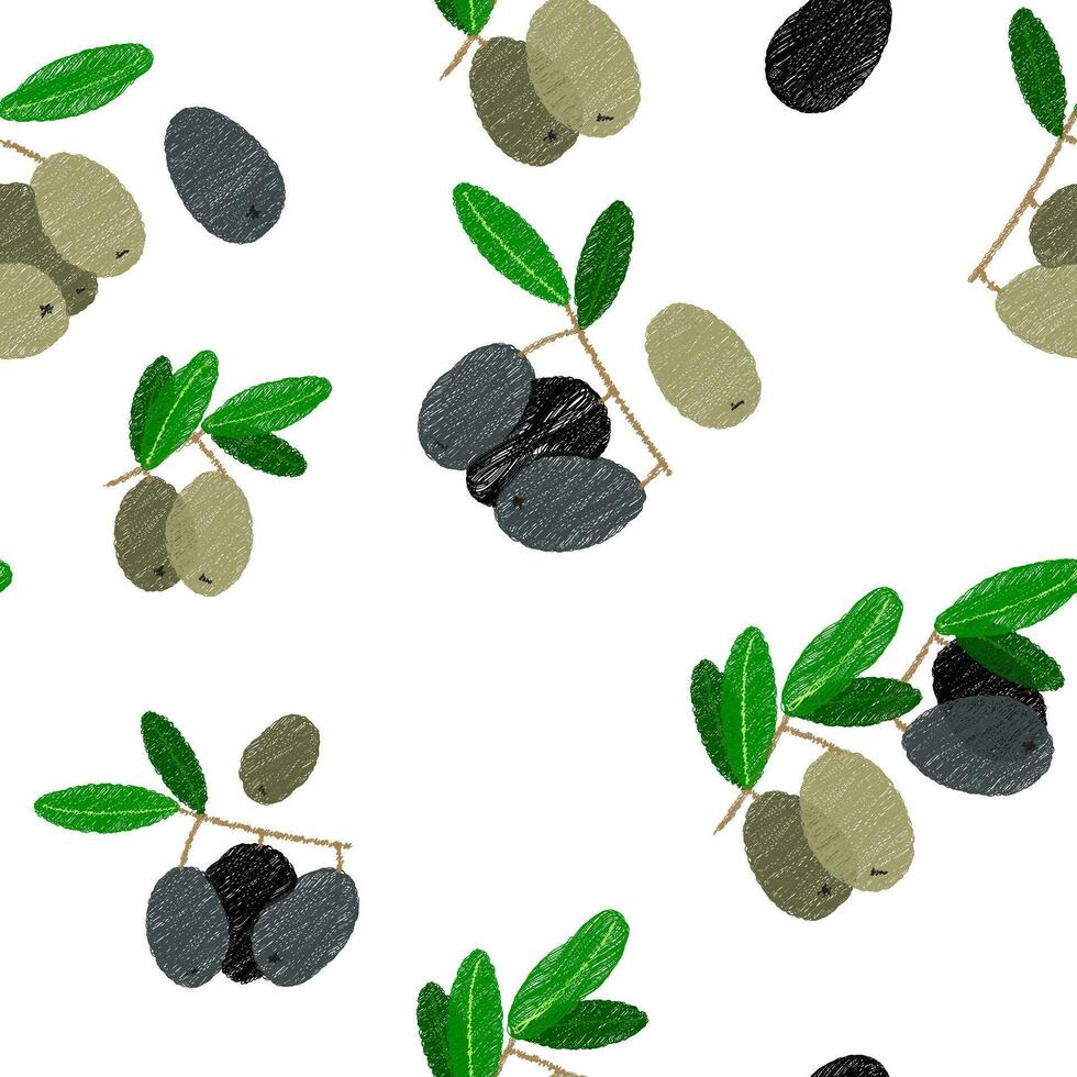 Vector seamless pattern of black and green painted olives. The pattern is suitable for kitchen and cooking