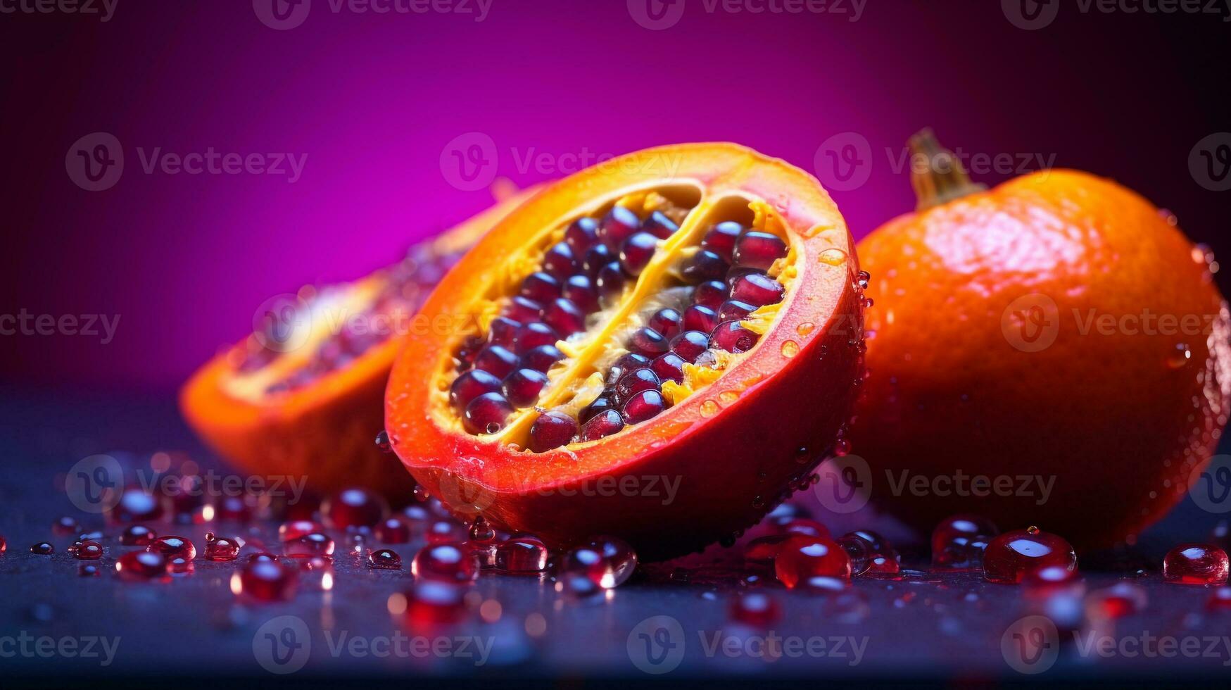 Photo of Arbei fruit half against a colorful abstract background. Generative AI