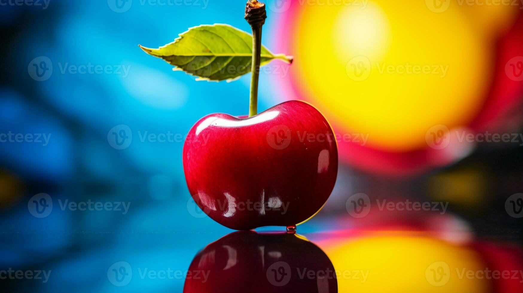 Photo of Barbados cherry fruit half against a colorful abstract background. Generative AI