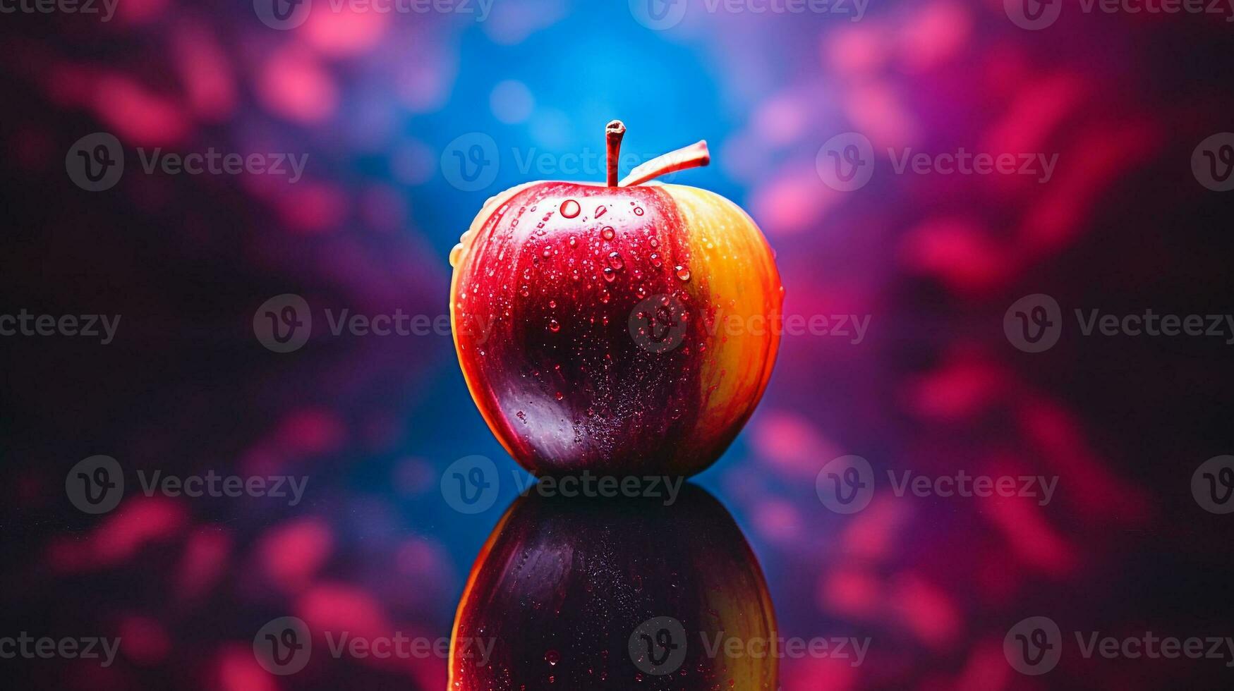 Photo of Apple fruit half against a colorful abstract background. Generative AI