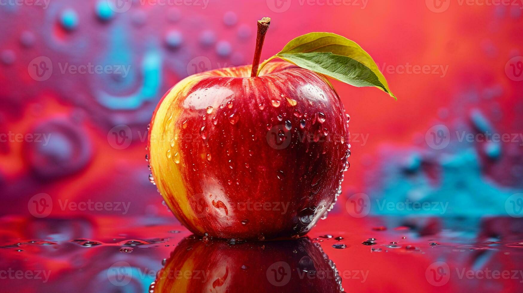Photo of Apple fruit half against a colorful abstract background. Generative AI