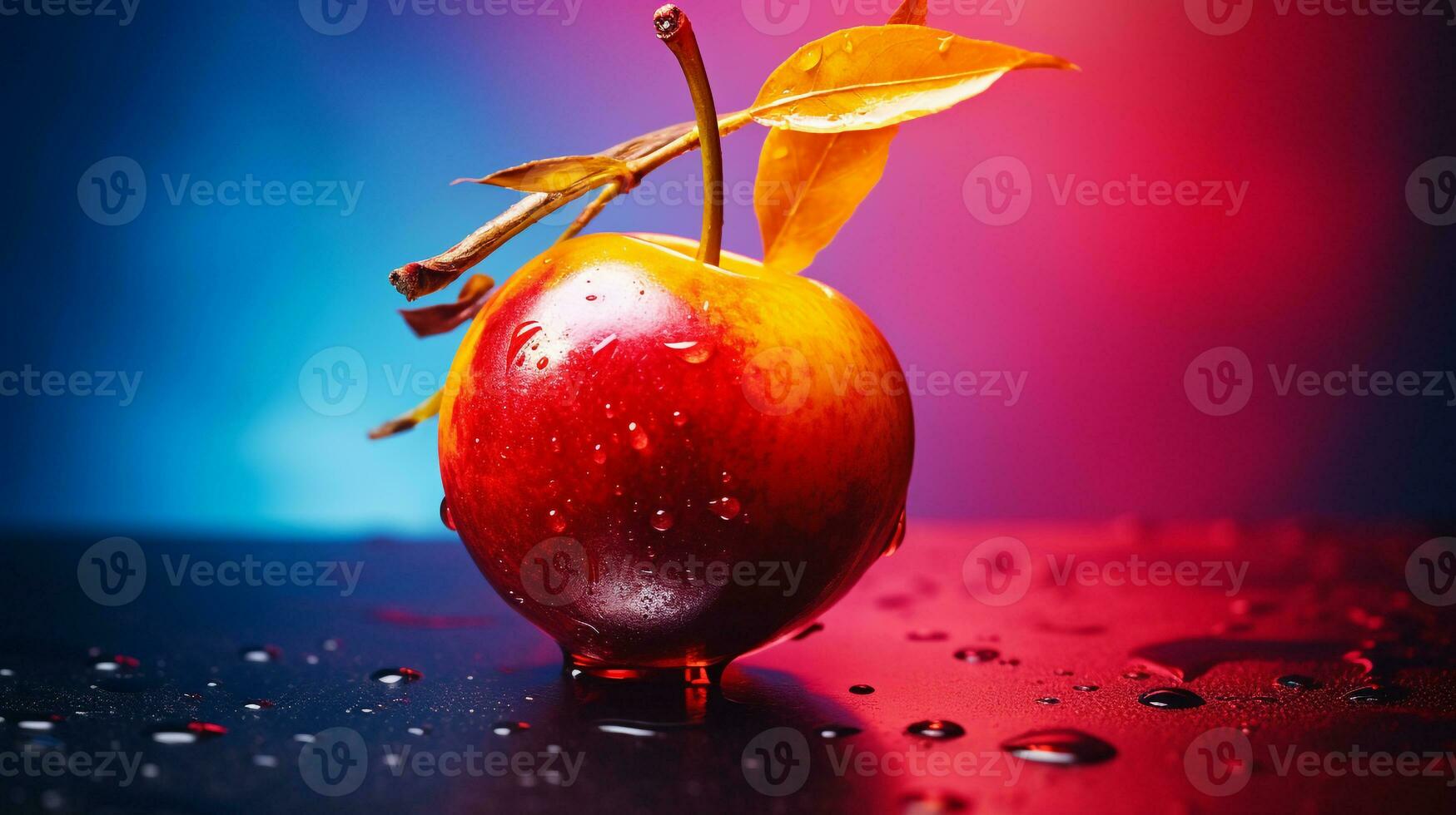 Photo of Barbados cherry fruit half against a colorful abstract background. Generative AI