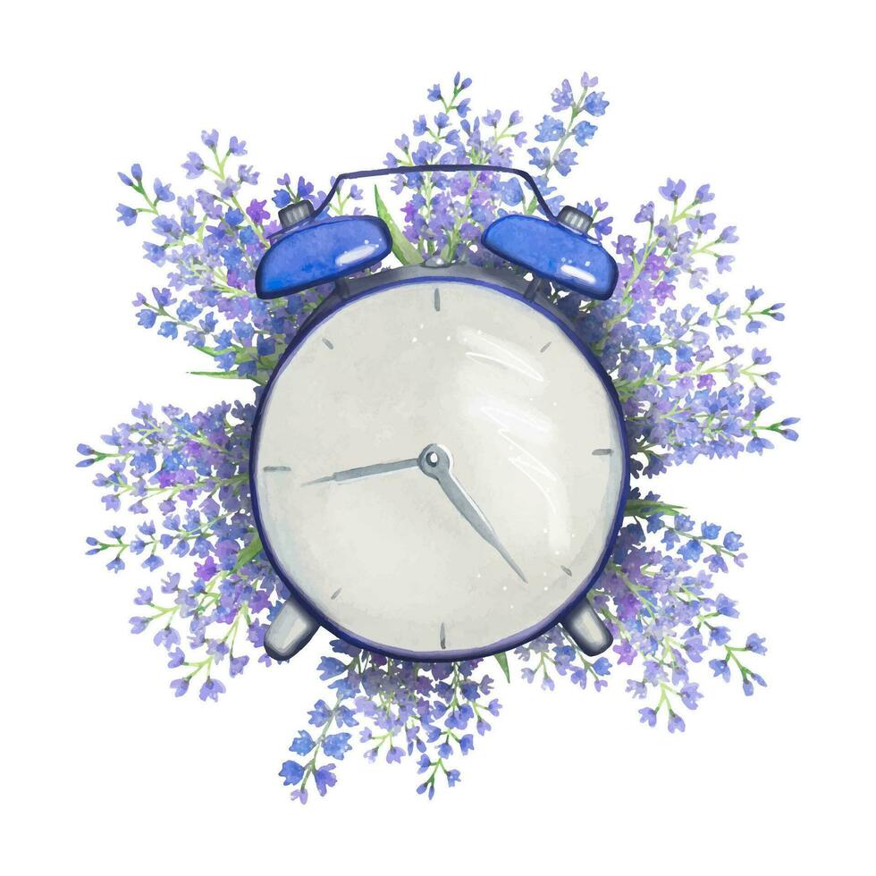 Vintage clock with lavender flowers, watercolor vector