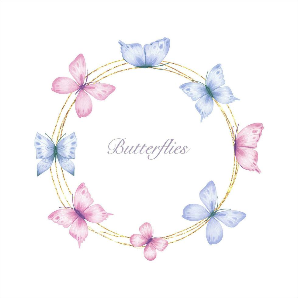 Wreath with abstract purple butterflies, watercolor. Background with butterflies. vector