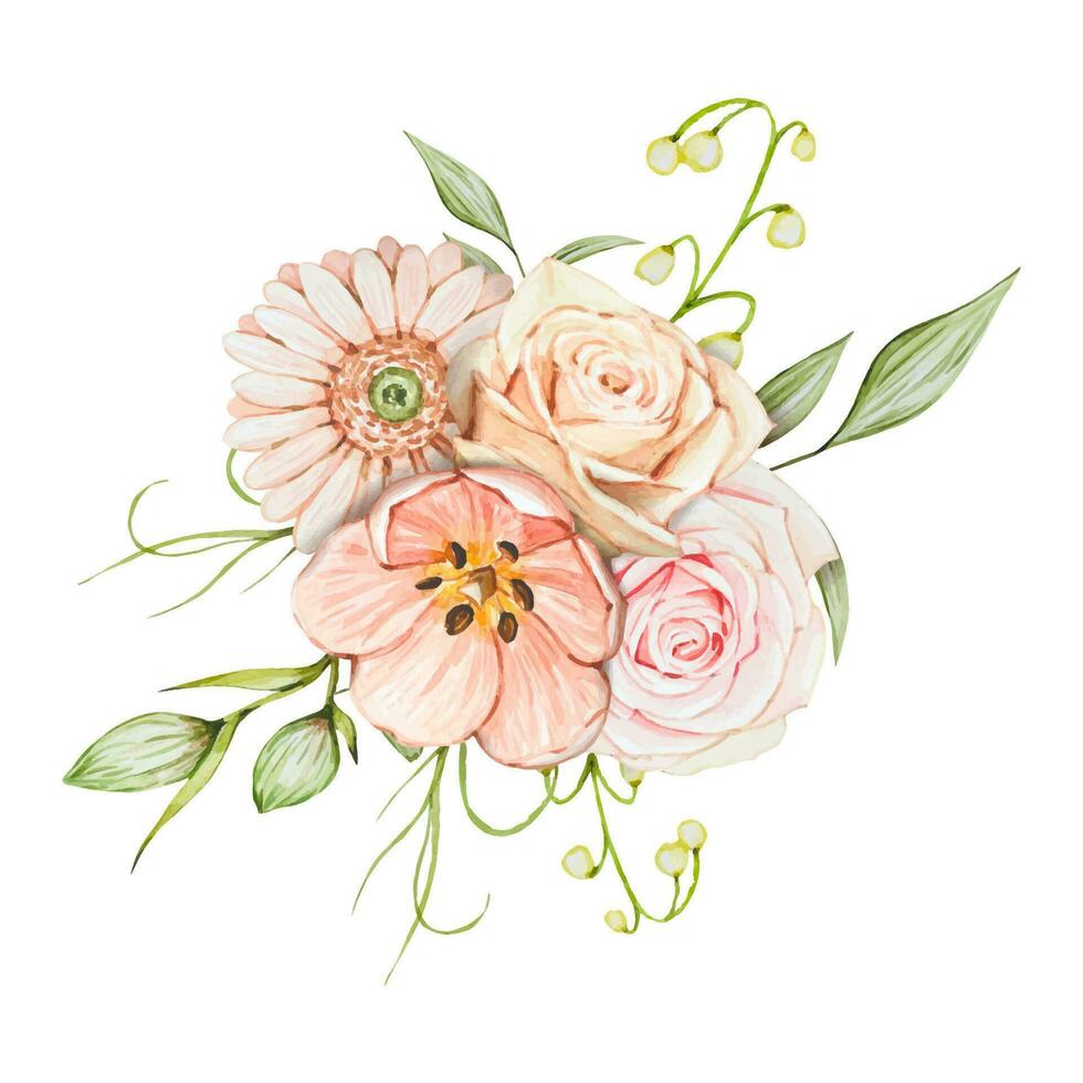 Flower bouquet. Watercolor composition of delicate flowers and leaves vector