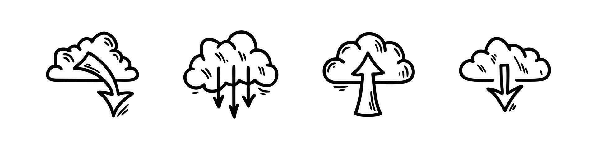 Cloud computing technology doodle icon set. Hand drawn data server service. Digital network file transfer sketch vector illustrations. Download system.