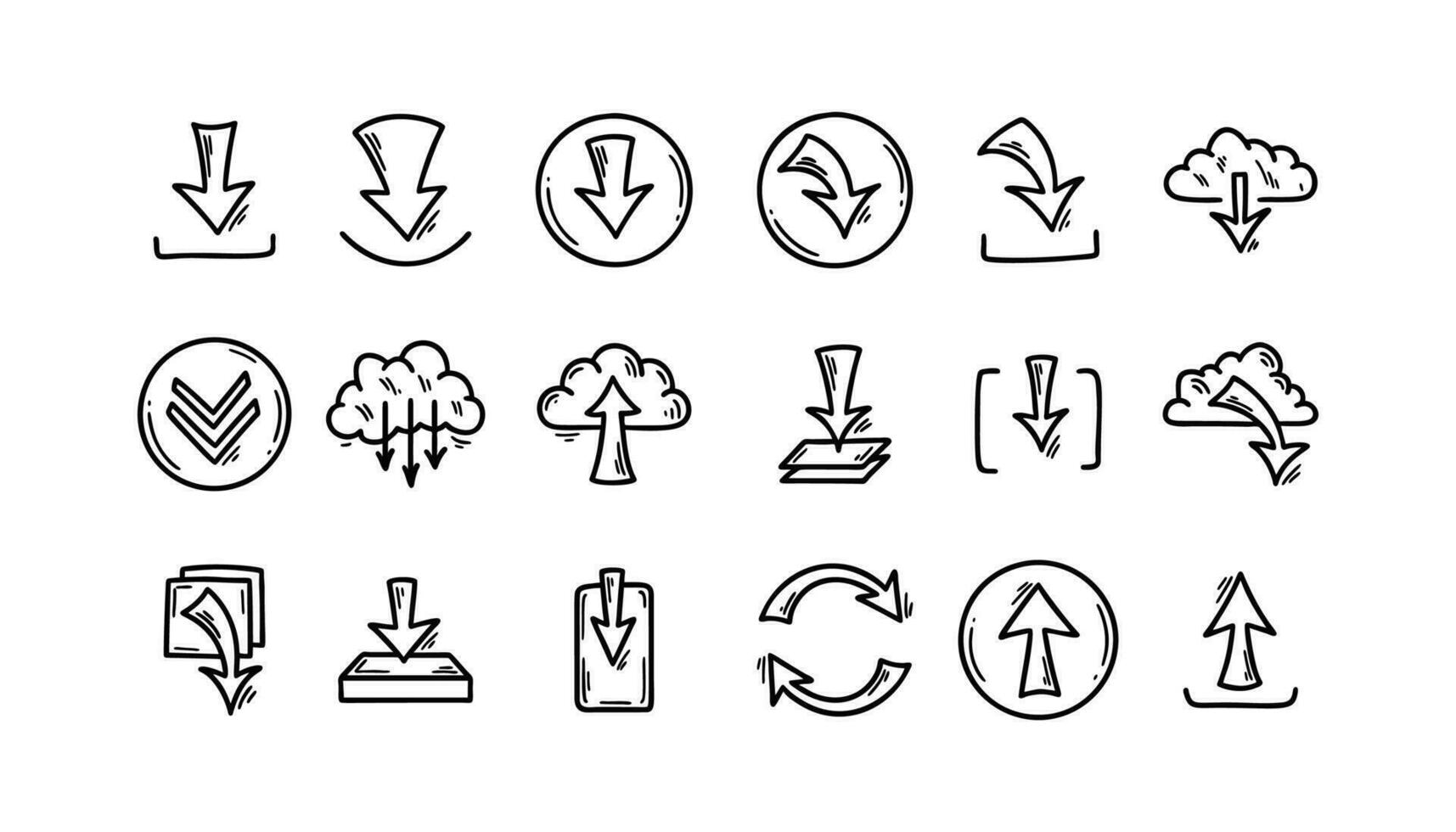 Download and upload file doodle icons set. Hand drawn sketch interface buttons. Cloud data server technology. Digital storage arrow pictogram vector