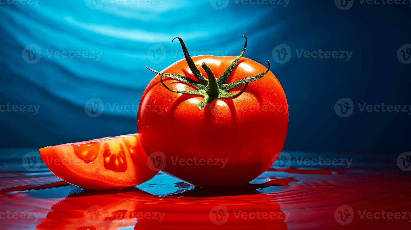 Photo of Tomato fruit half against a colorful abstract background. Generative AI