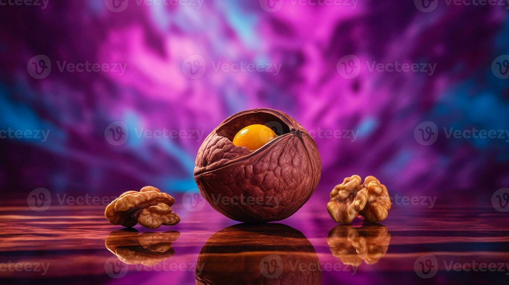 Photo of Walnut fruit half against a colorful abstract background. Generative AI