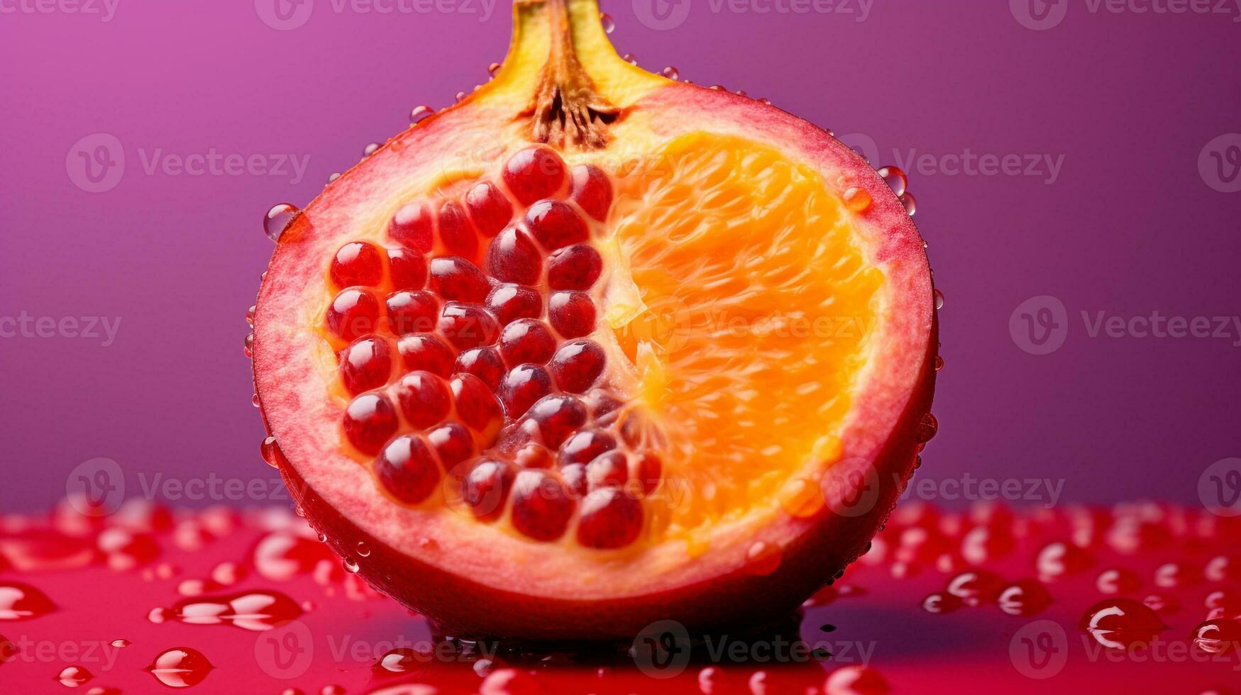 Photo of Yangmei fruit half against a colorful abstract background. Generative AI