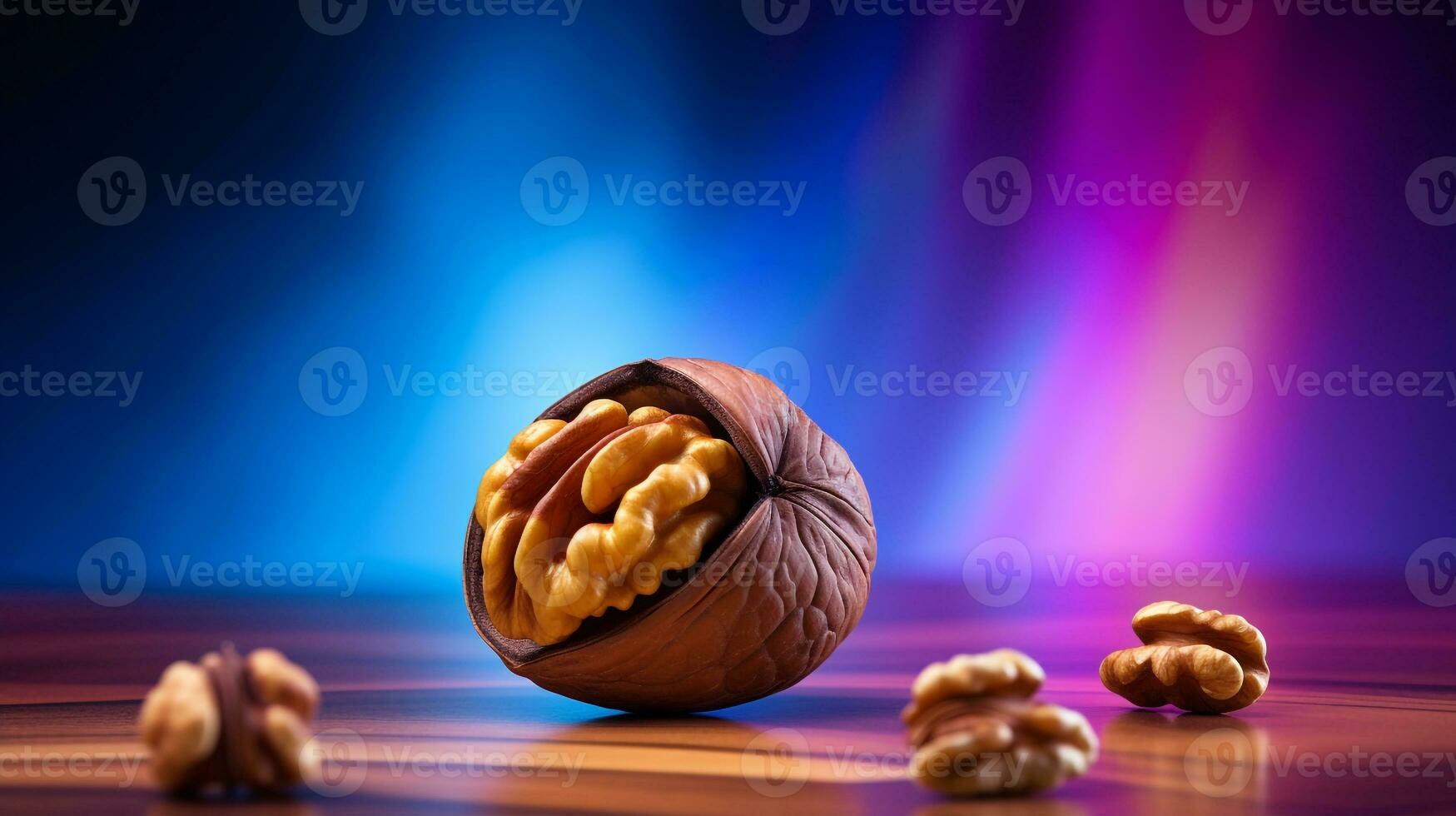 Photo of Walnut fruit half against a colorful abstract background. Generative AI