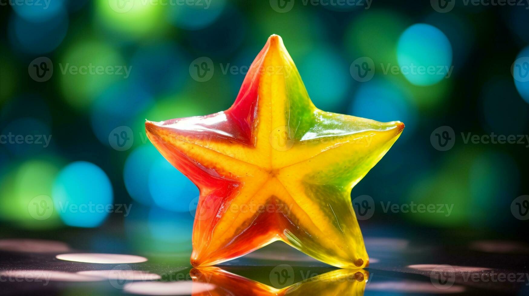 Photo of Starfruit half against a colorful abstract background. Generative AI