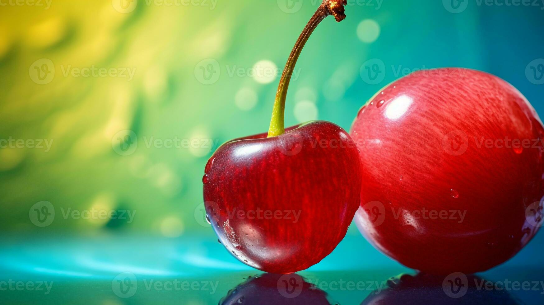 Photo of Surinam cherry fruit half against a colorful abstract background. Generative AI