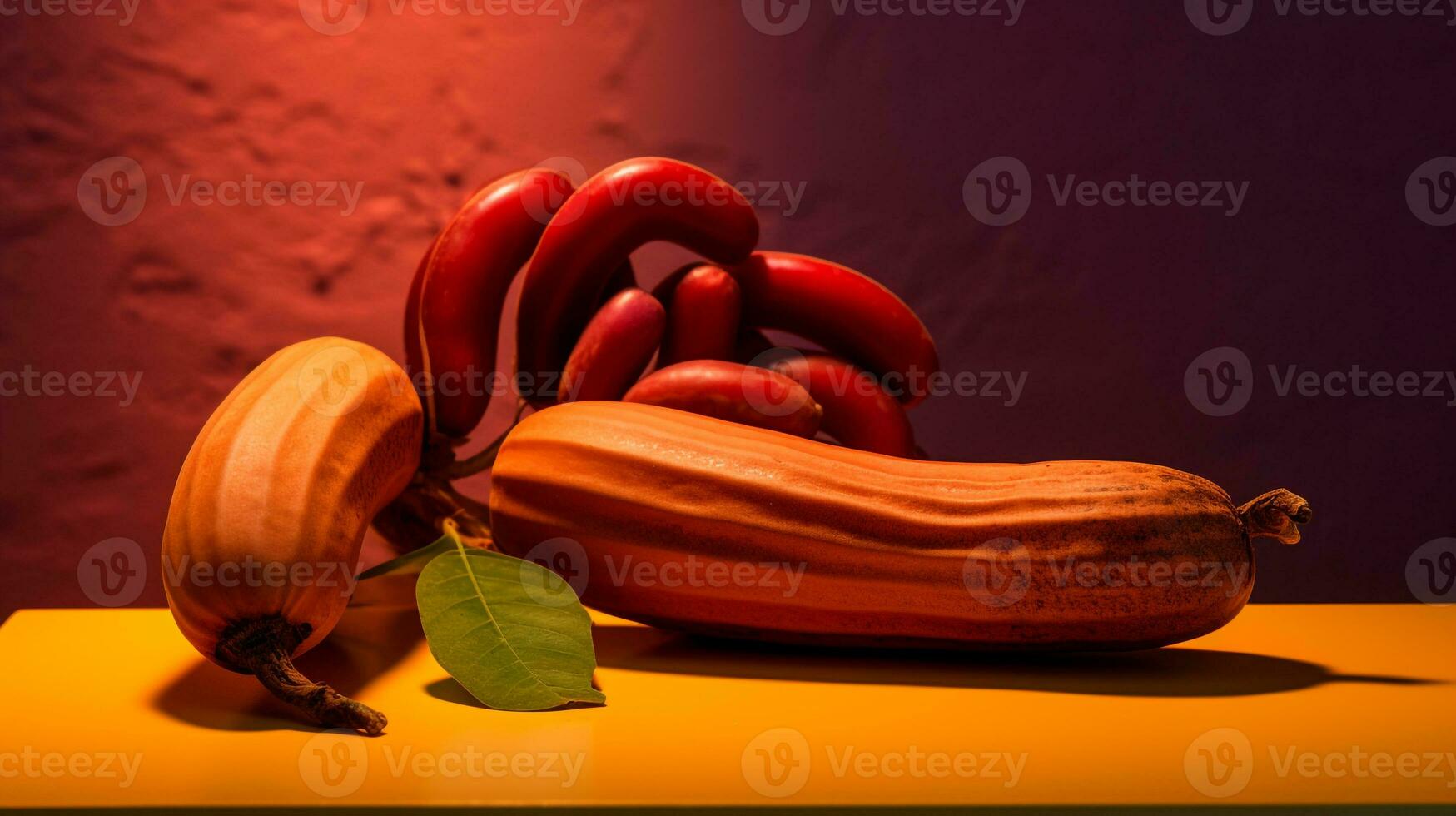 Photo of Tamarind fruit half against a colorful abstract background. Generative AI