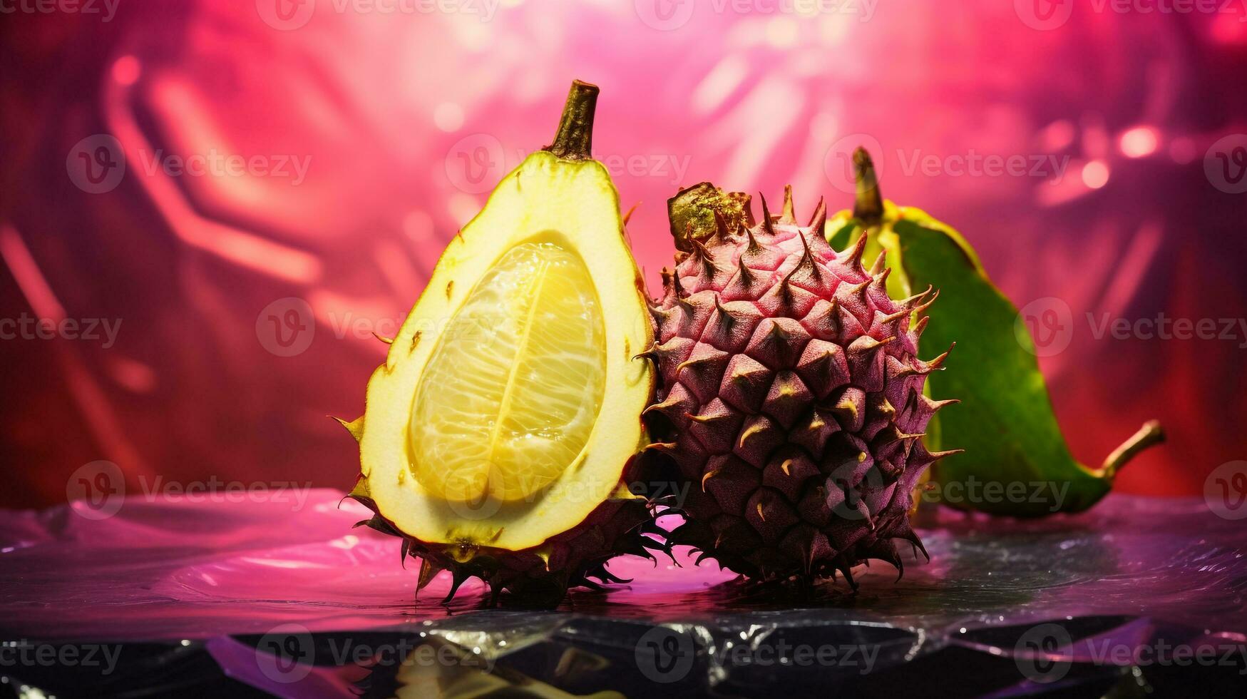 Photo of Soursop fruit half against a colorful abstract background. Generative AI