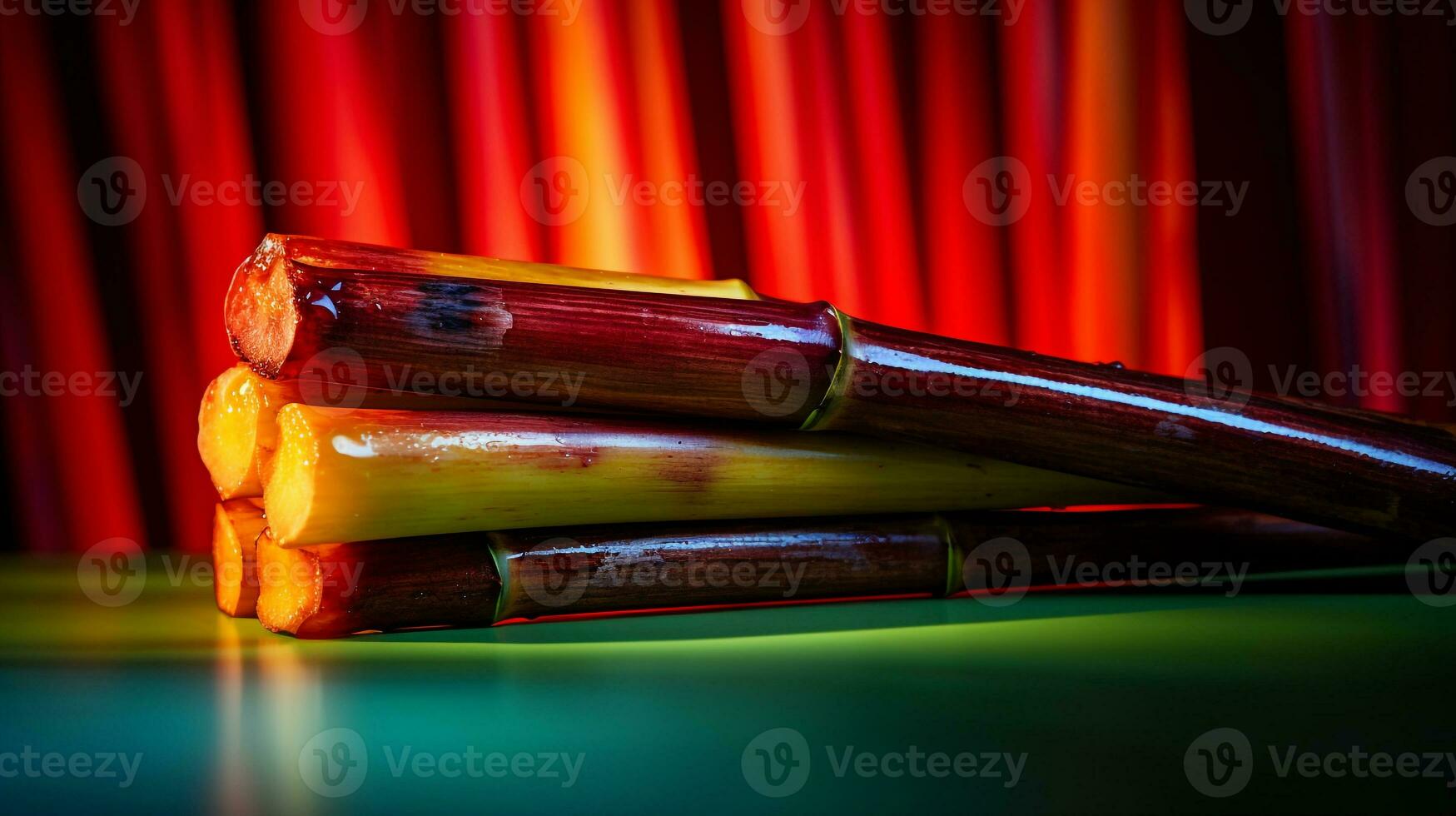 Photo of Sugarcane fruit half against a colorful abstract background. Generative AI