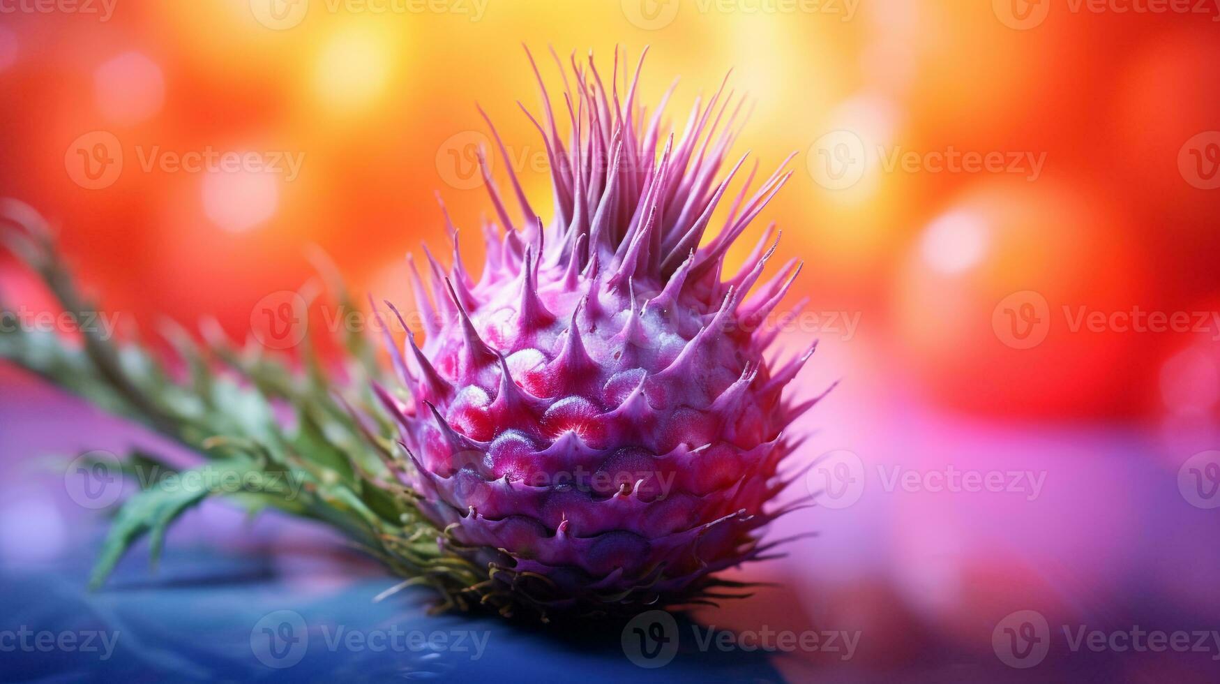 Photo of Thistle fruit half against a colorful abstract background. Generative AI