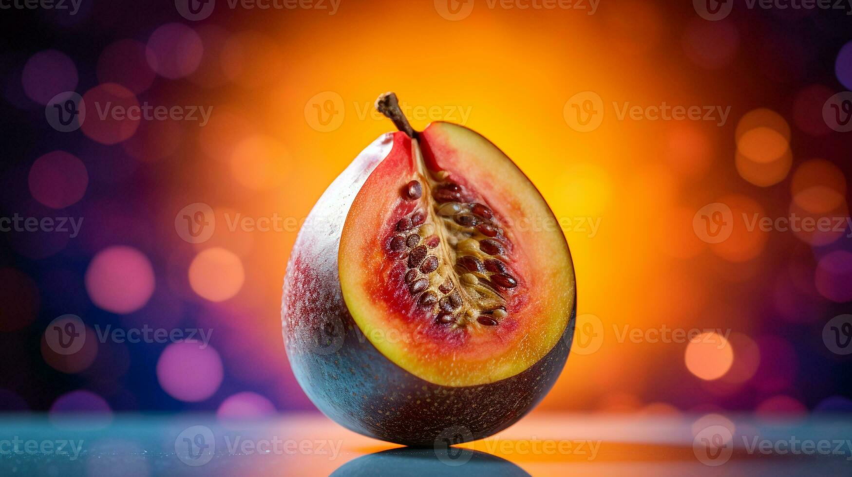 Photo of Rukem fruit half against a colorful abstract background. Generative AI