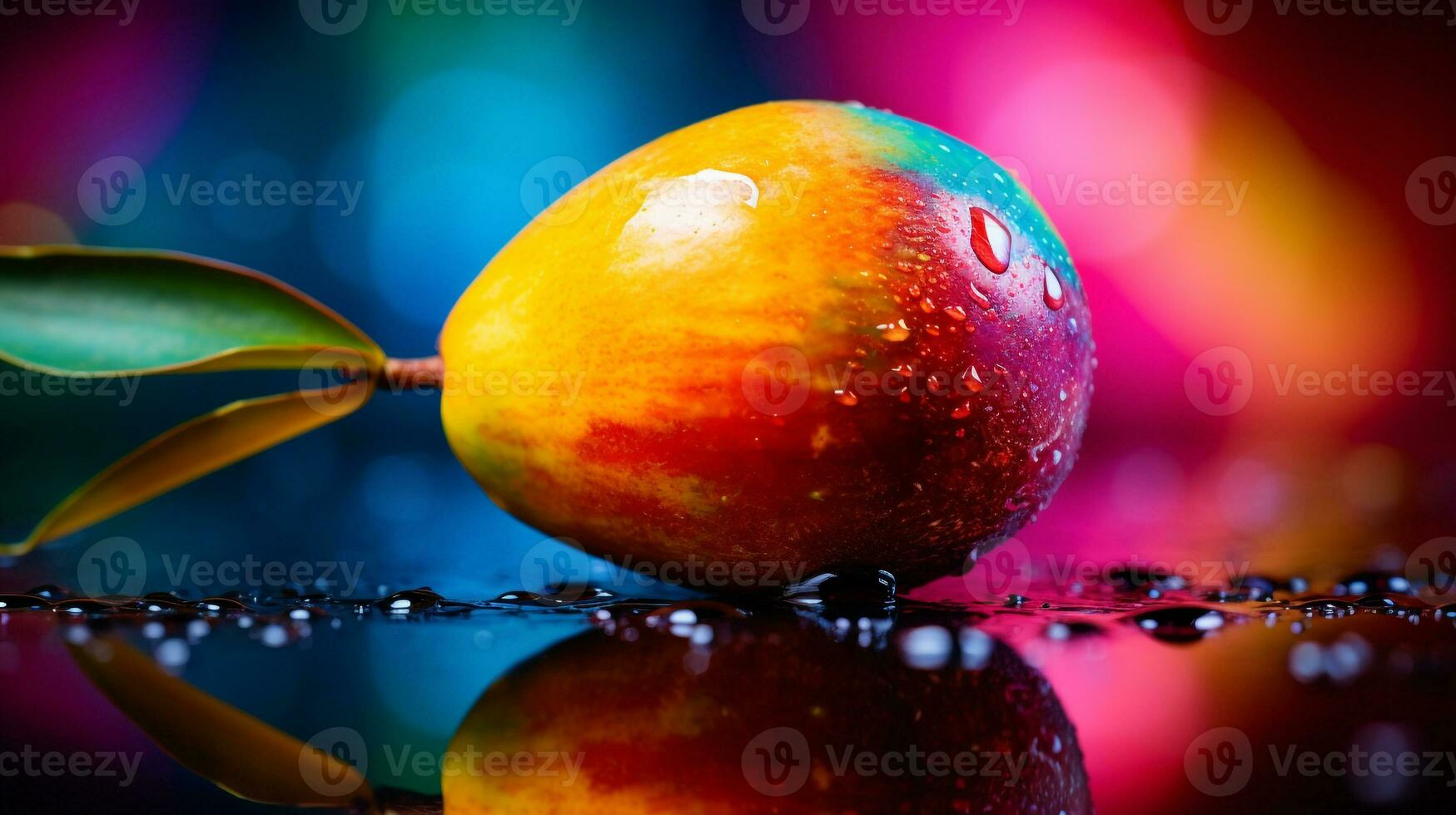 foto de saipan mango Fruta medio en contra un vistoso resumen antecedentes. generativo ai