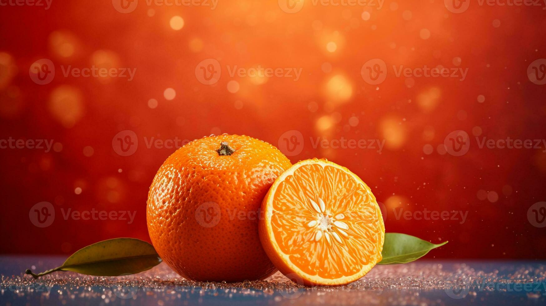 Photo of Satsuma fruit half against a colorful abstract background. Generative AI