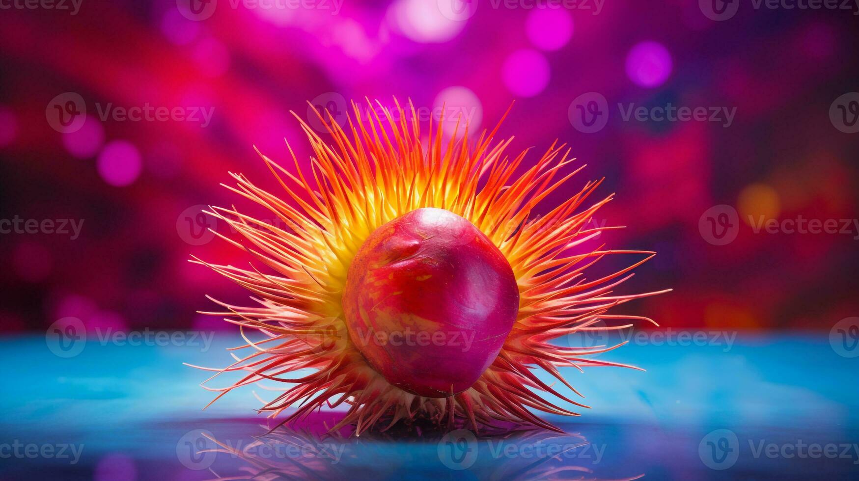 Photo of Rambutan fruit half against a colorful abstract background. Generative AI