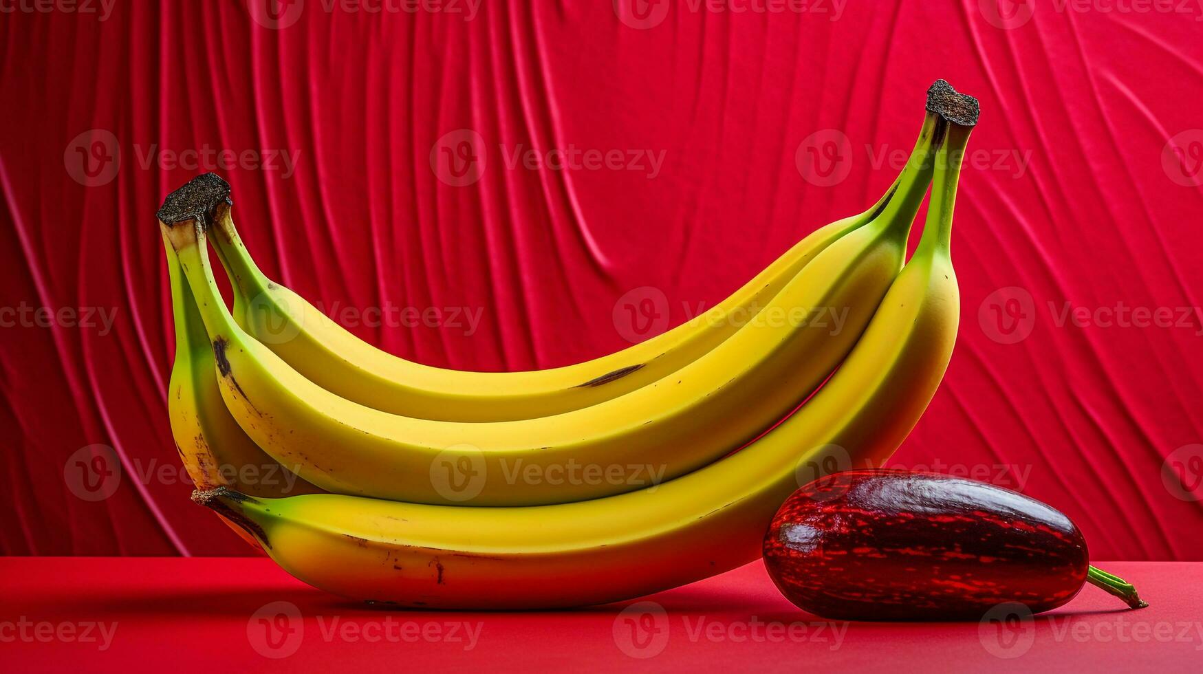 Photo of Red banana fruit half against a colorful abstract background. Generative AI