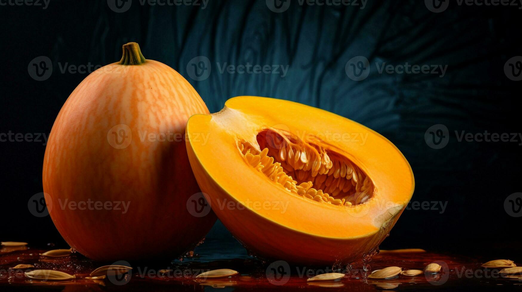 Photo of Pumpkin fruit half against a colorful abstract background. Generative AI