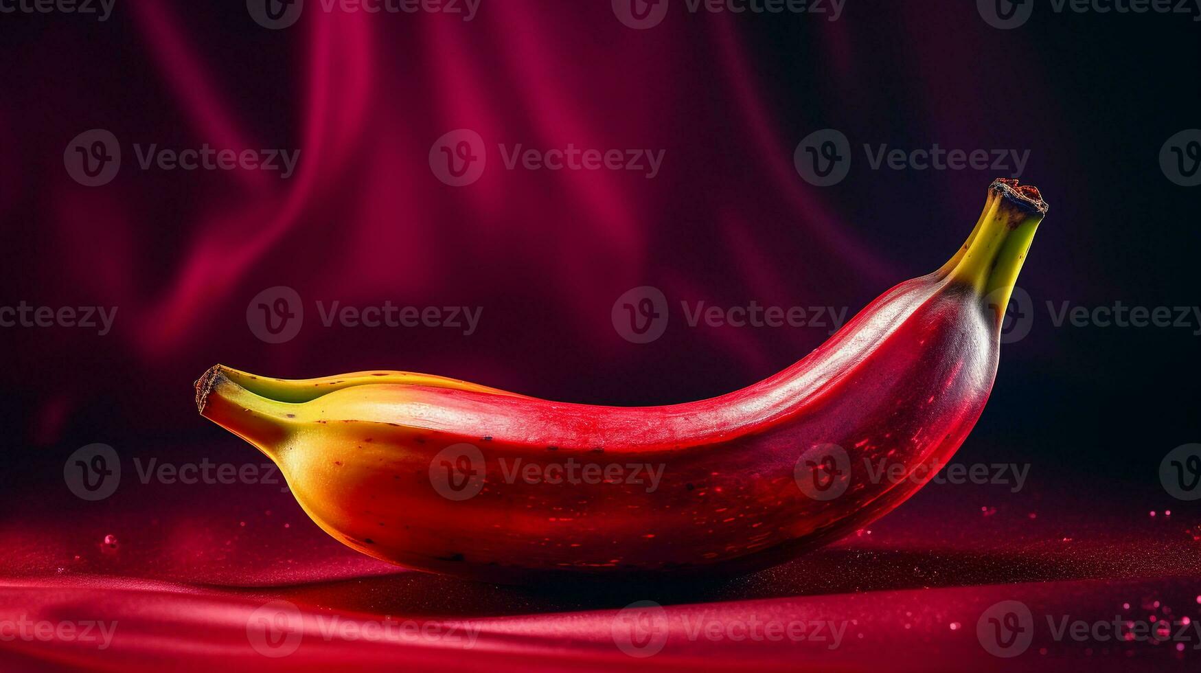 Photo of Red banana fruit half against a colorful abstract background. Generative AI