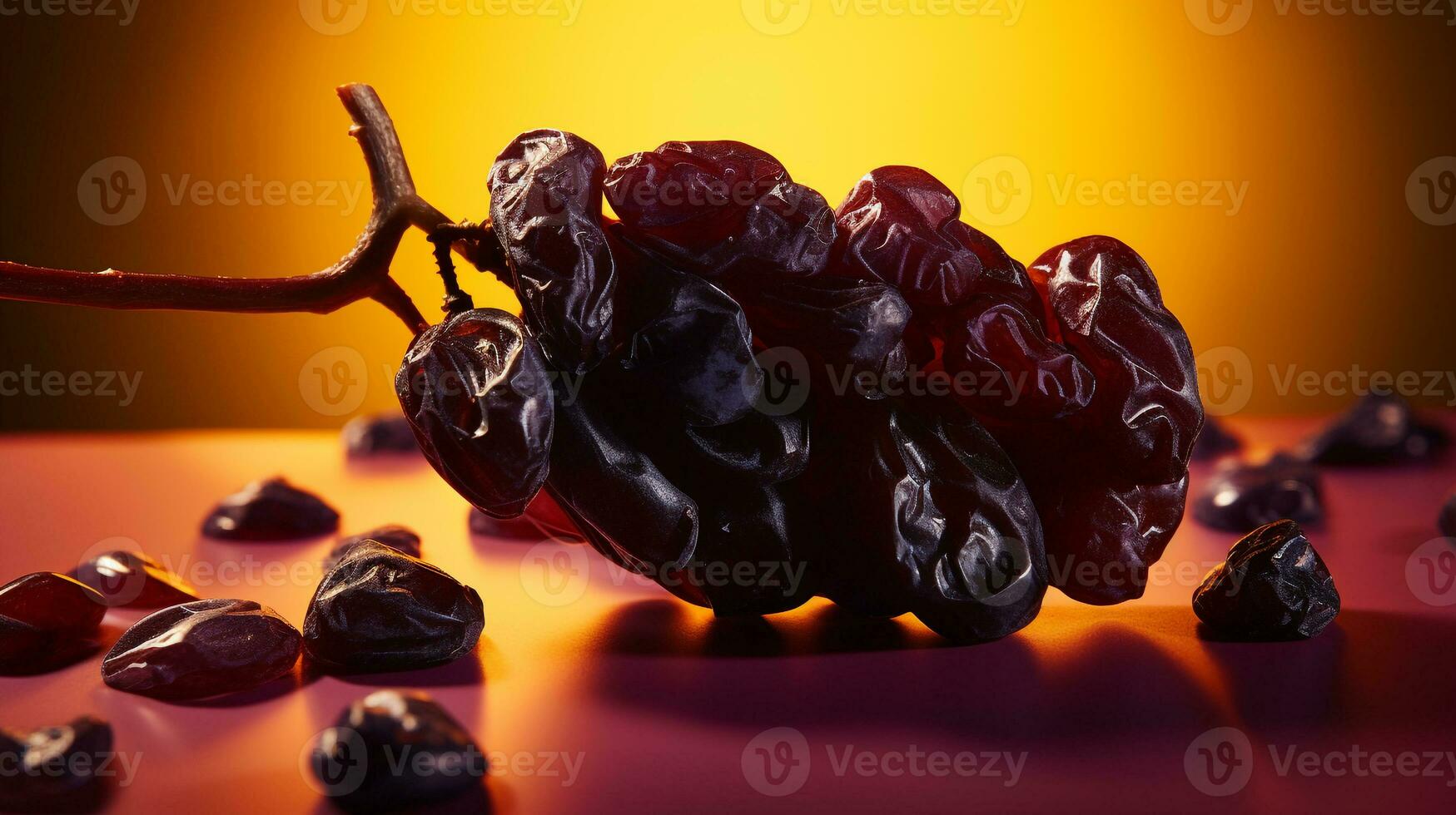 Photo of Raisin fruit half against a colorful abstract background. Generative AI