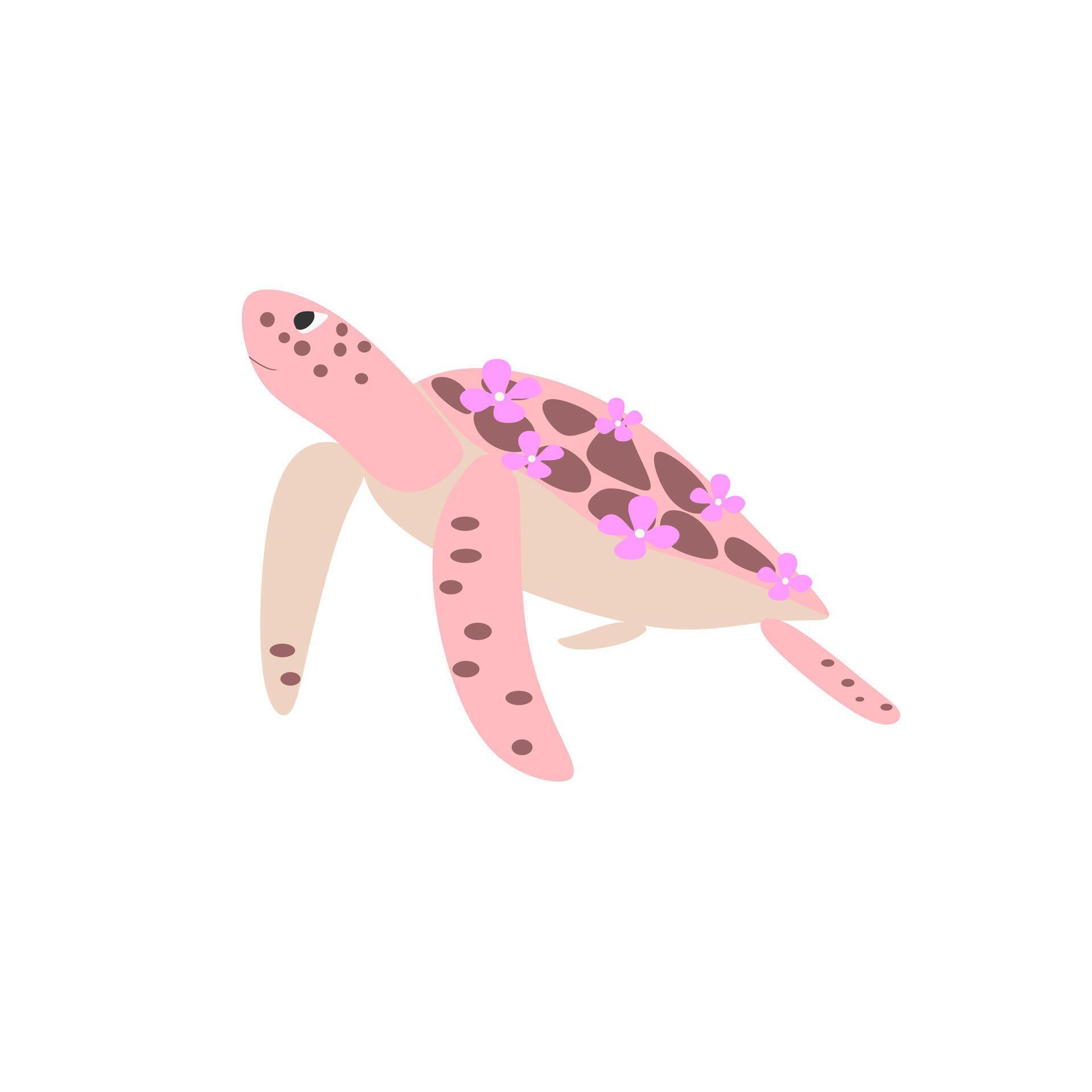 Sea Turtle With Flowers Vector Illustration. Undersea Animal With A