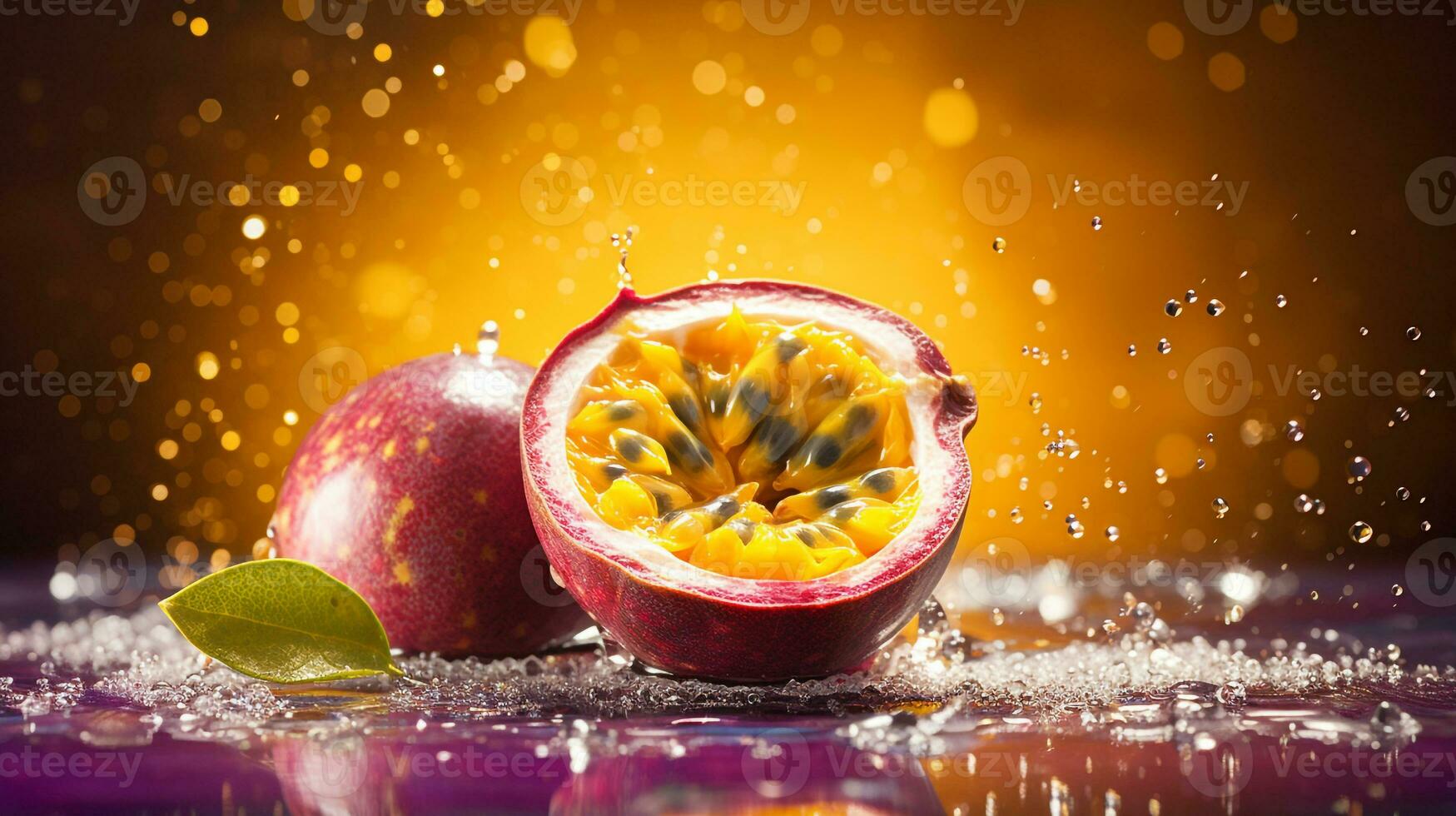 Photo of Passion fruit half against a colorful abstract background. Generative AI