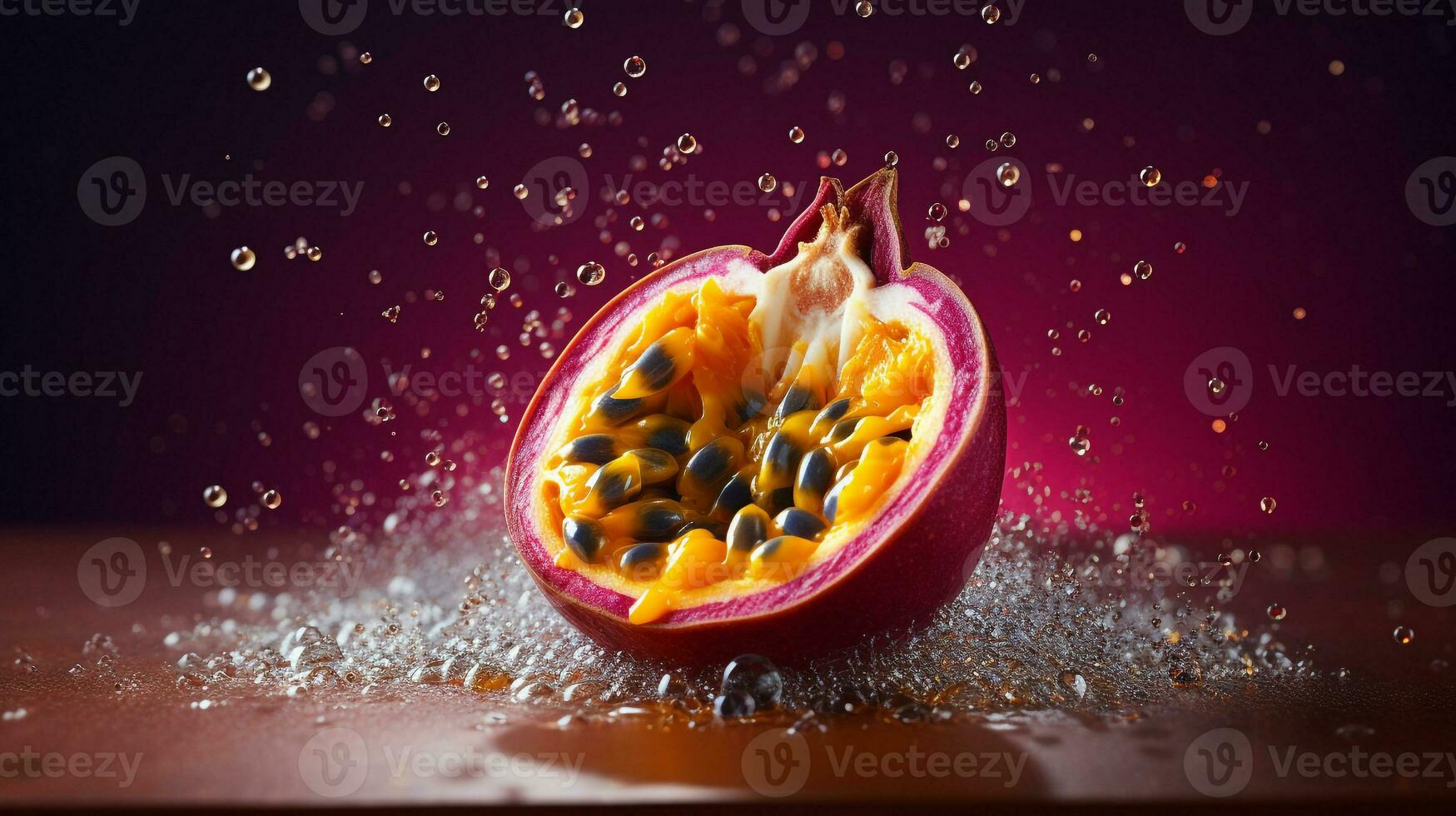 Photo of Passion fruit half against a colorful abstract background. Generative AI