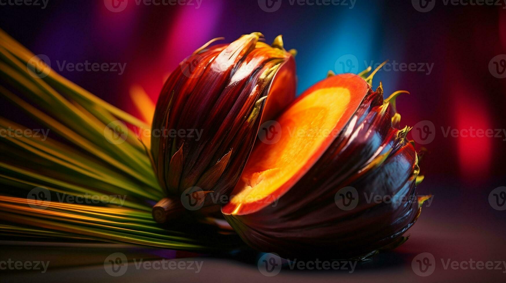 Photo of Palm fruit half against a colorful abstract background. Generative AI