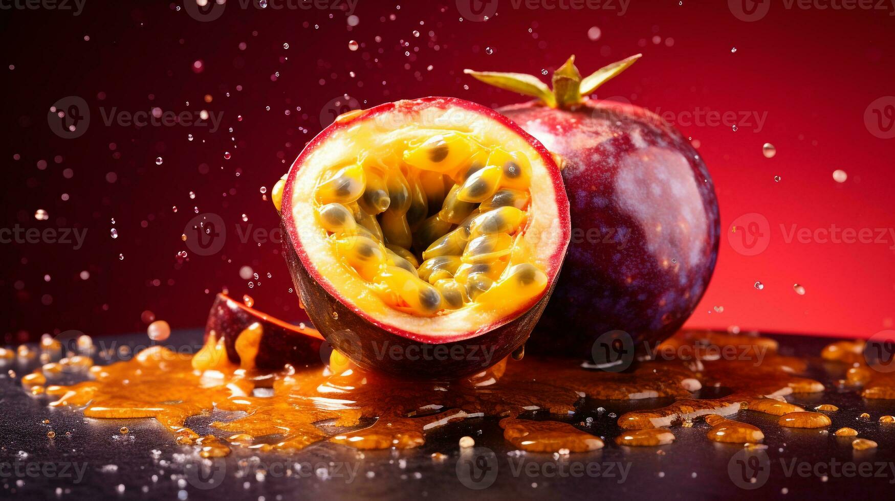 Photo of Passion fruit half against a colorful abstract background. Generative AI