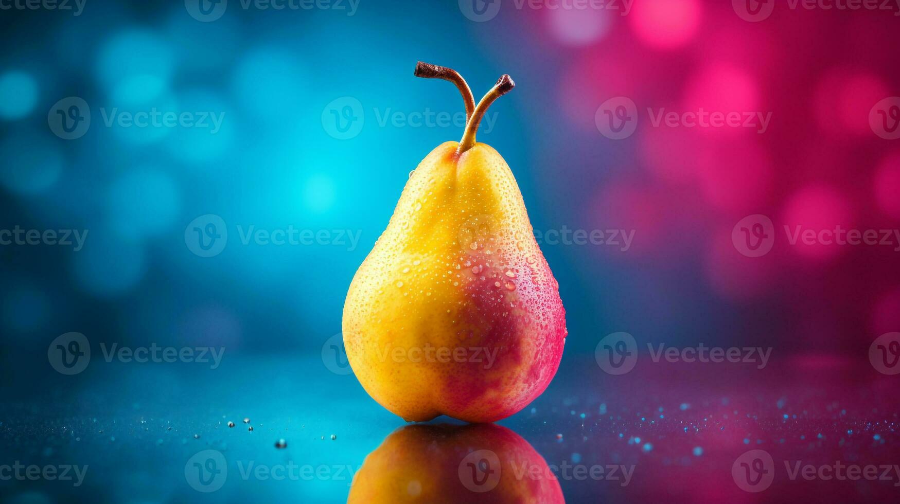 Photo of Pear fruit half against a colorful abstract background. Generative AI