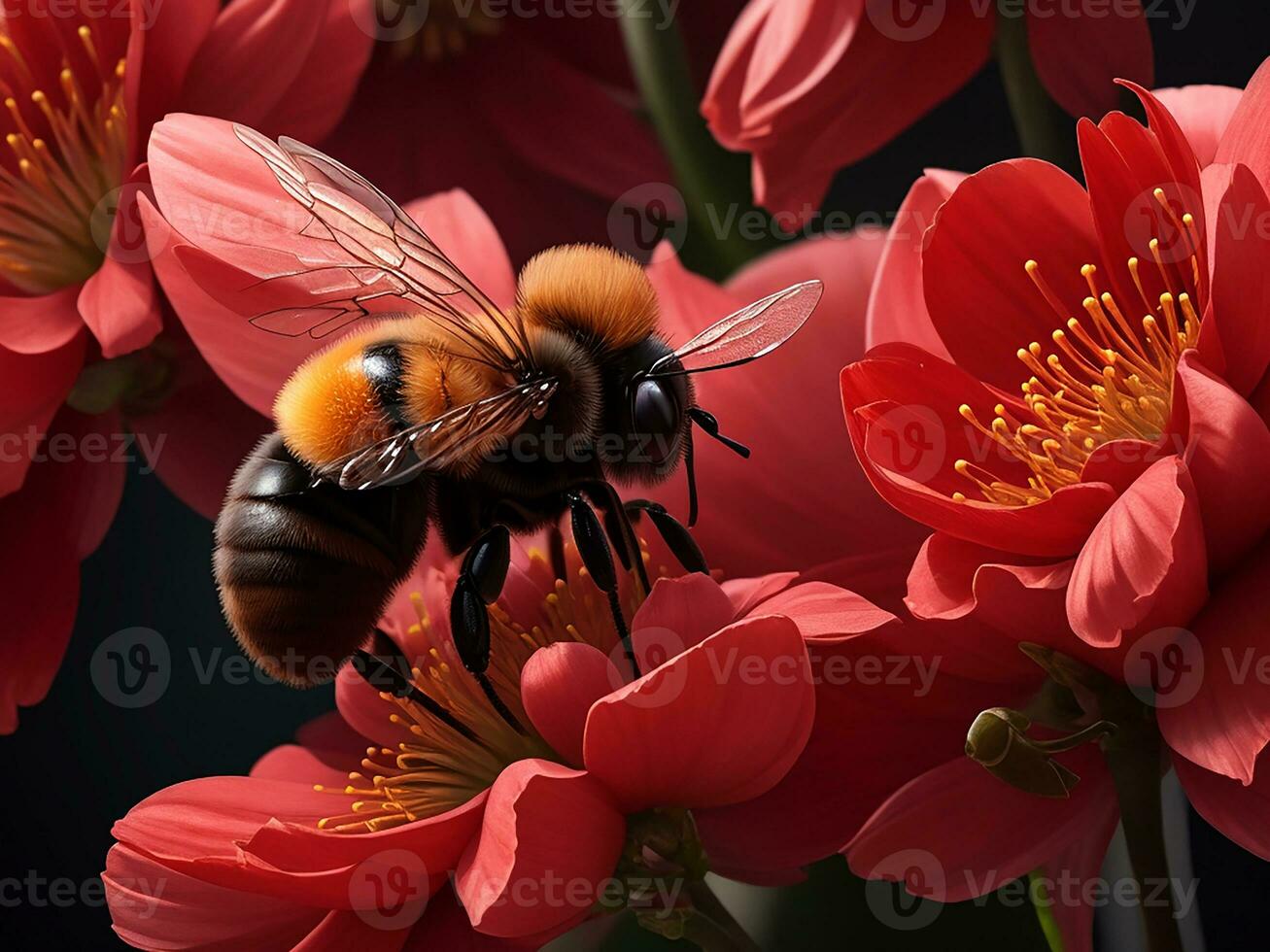 Crimson blossom, a bee Background. Generative Ai photo