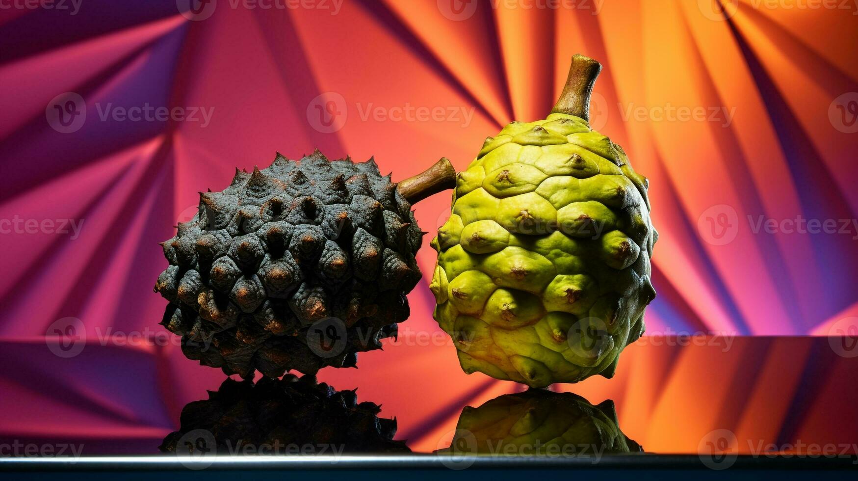 Photo of Noni fruit half against a colorful abstract background. Generative AI