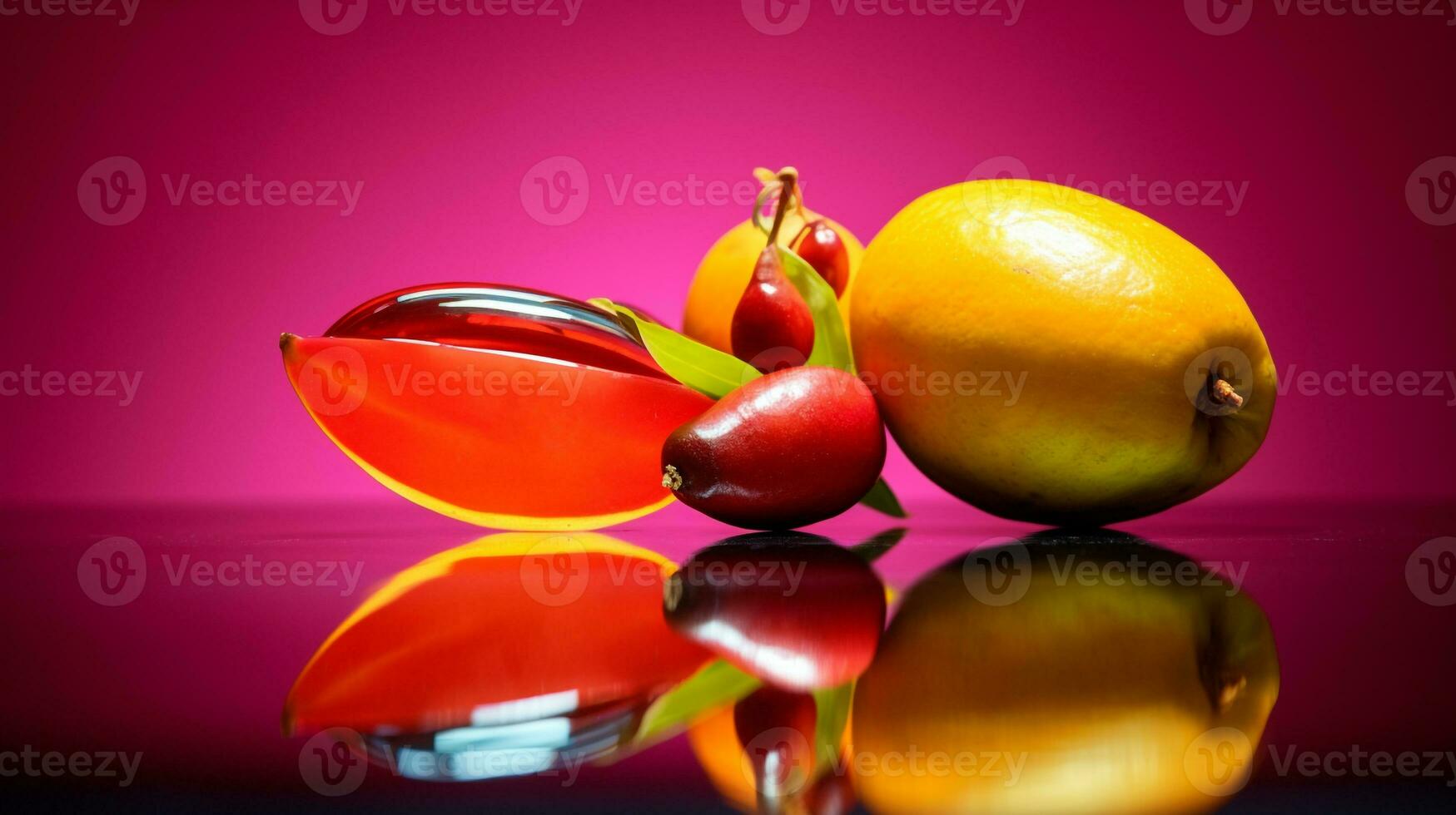 Photo of Miracle fruit half against a colorful abstract background. Generative AI